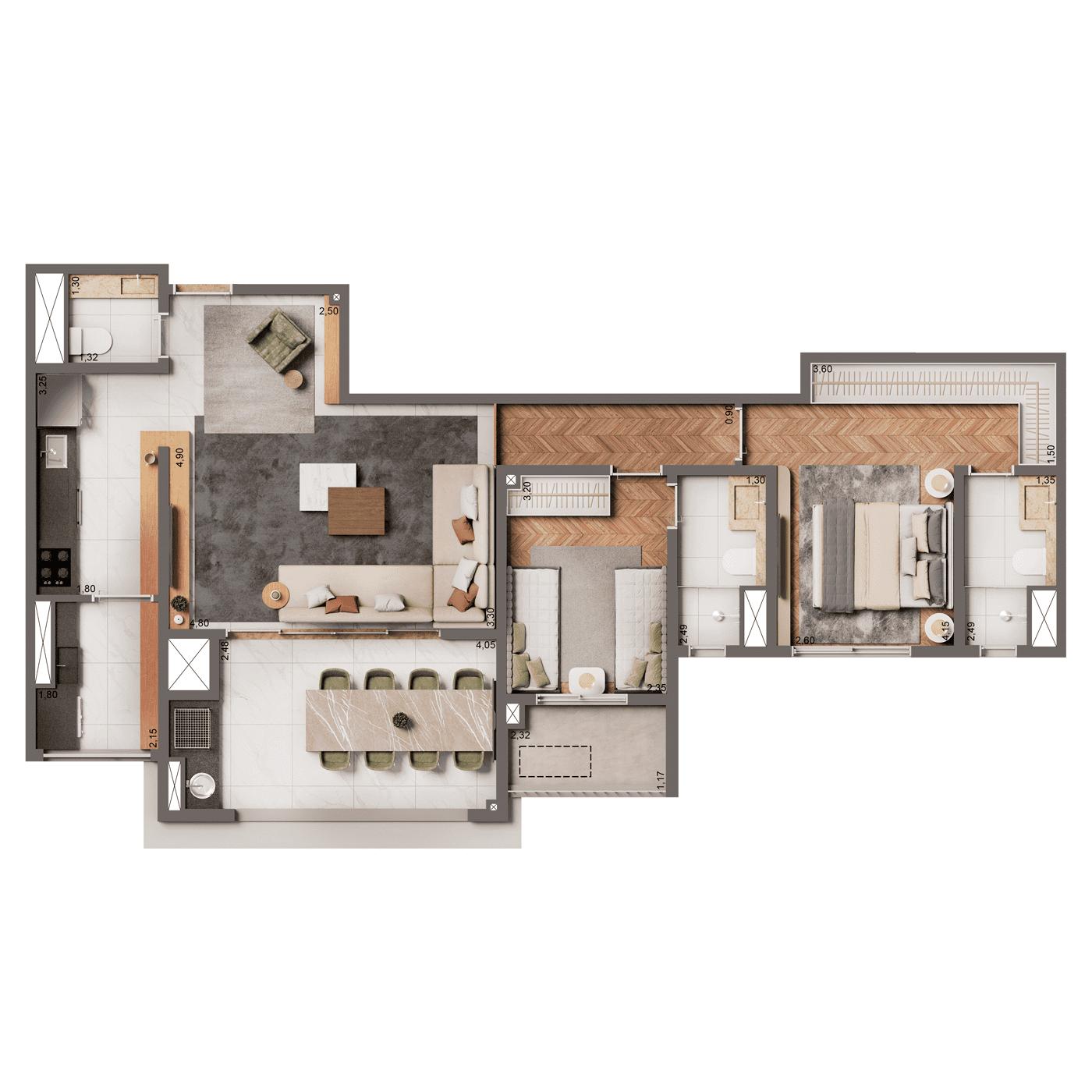 Planta Padrão de 87m² | 2 Suítes