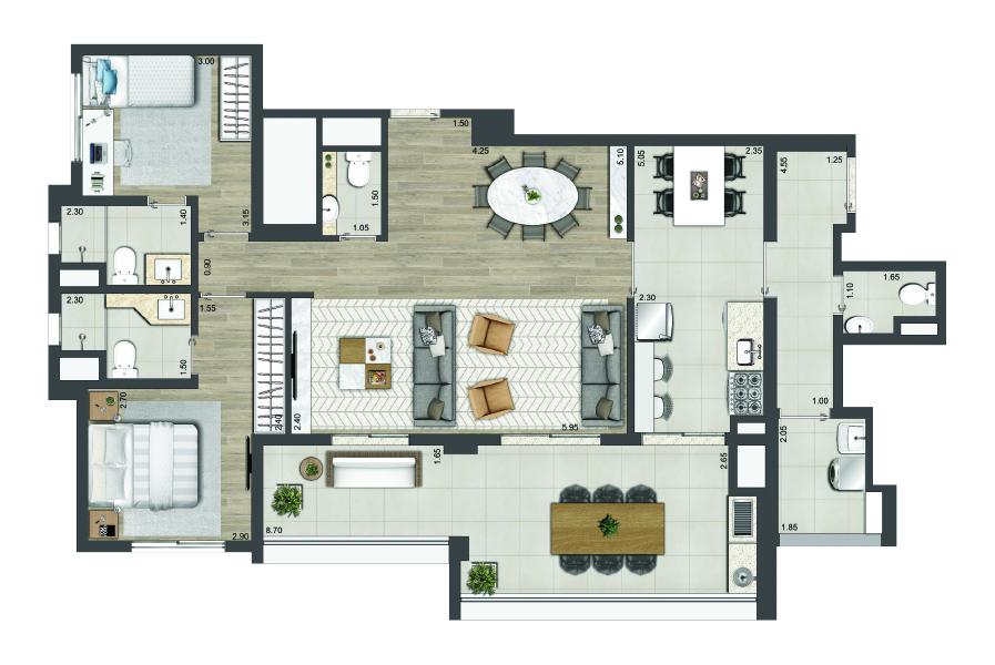 Planta Opção115 m² I 02 suítes I Sala Ampliada
