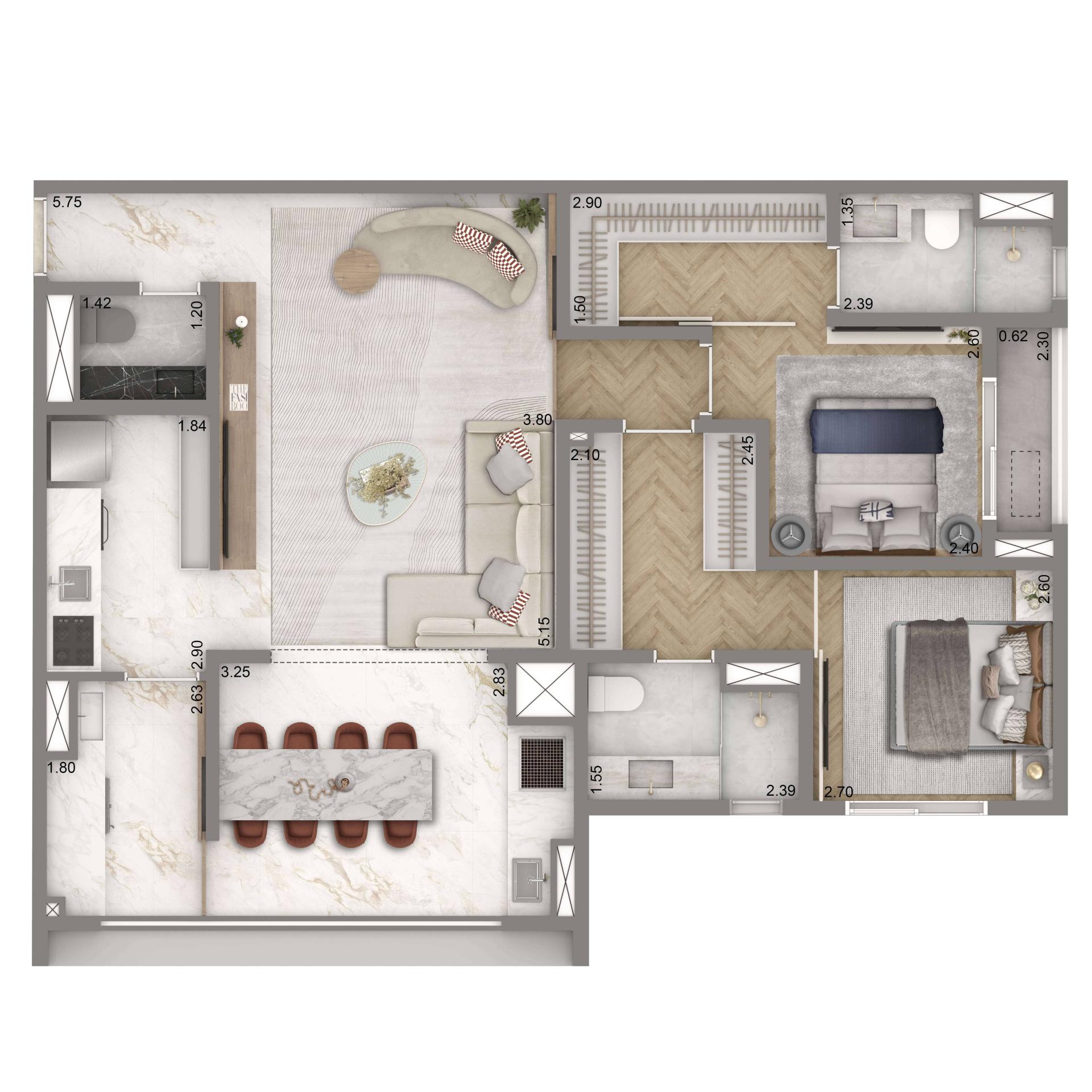 Planta Padrão 89m² | 2 suítes | 1 vaga