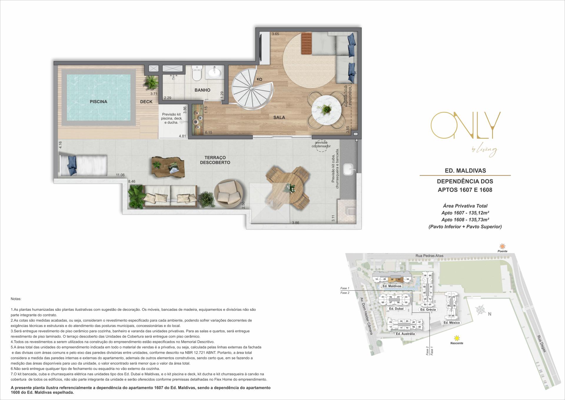 Cobertura Duplex 3 Quartos com Suíte - Pav. Superior - Área privativa total: 135,12m² até 135,73m²