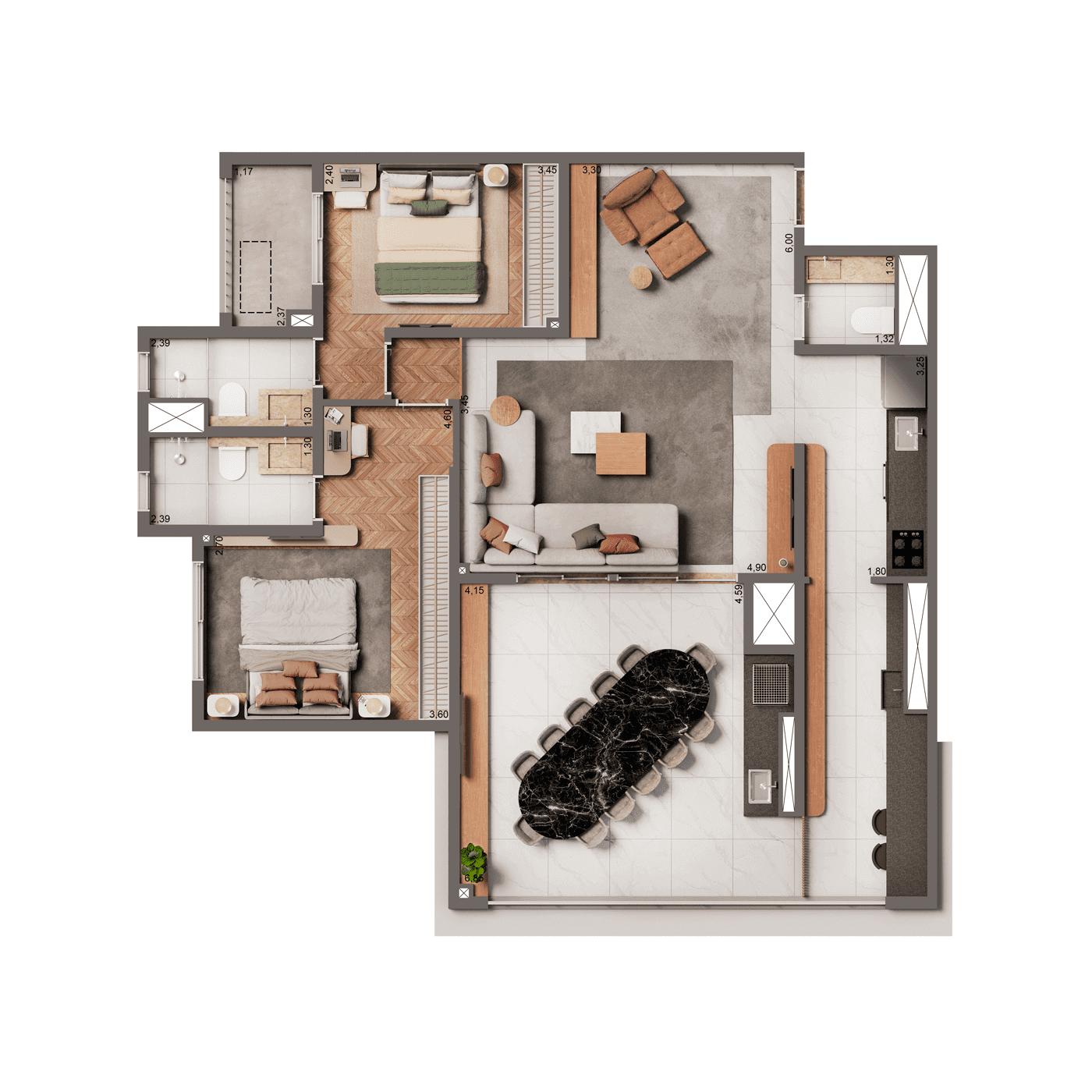 Planta Opção com 106m² | 2 Suítes