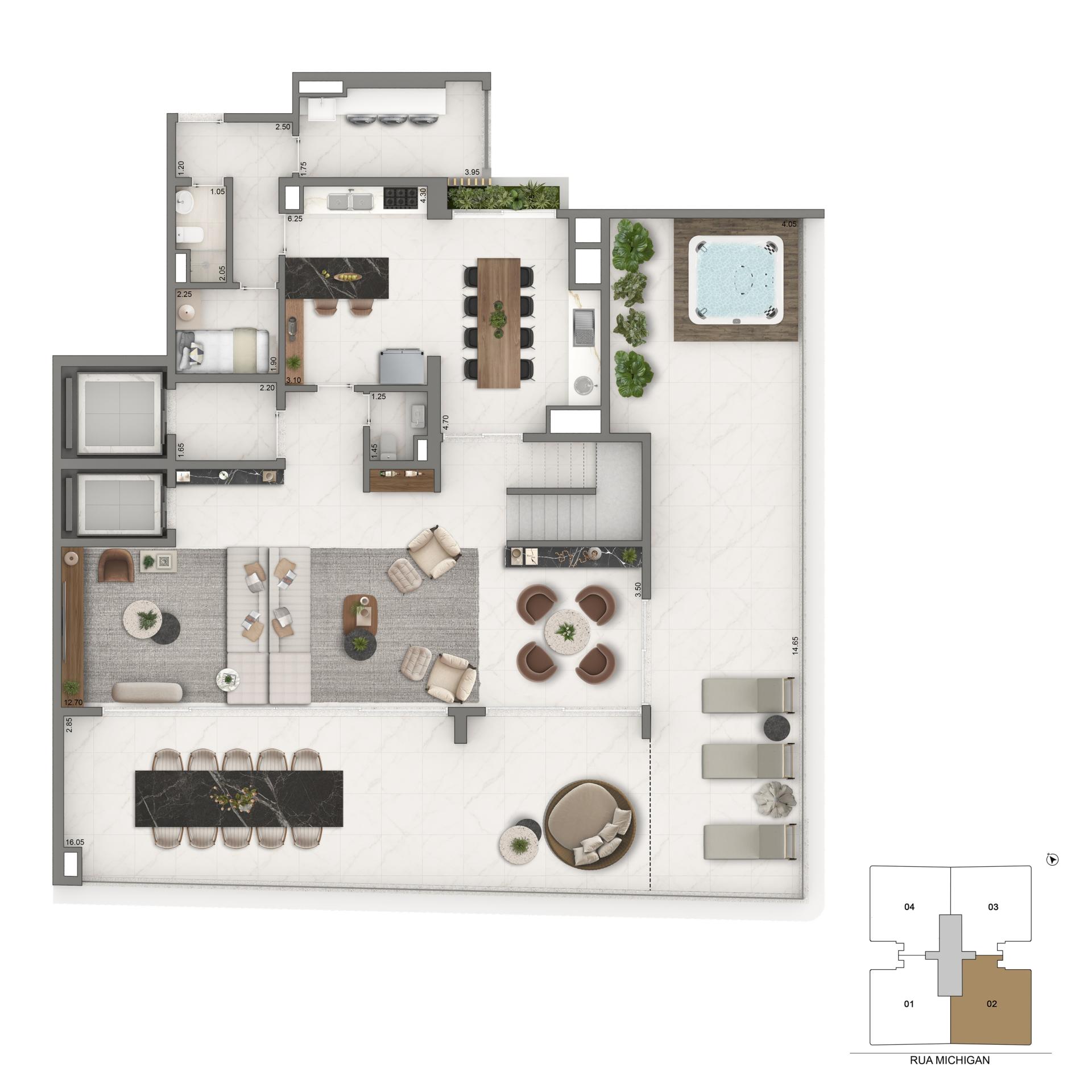 Duplex inferior | 436m² | 4 suítes + Sala de almoço e área externa