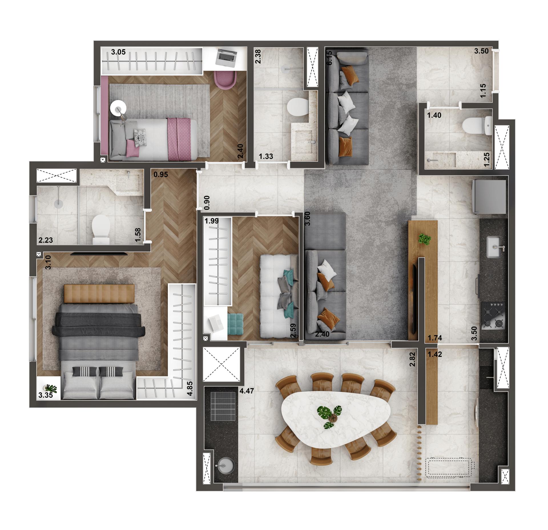 Planta Padrão 84m² | 3 dorms. | 1 suíte