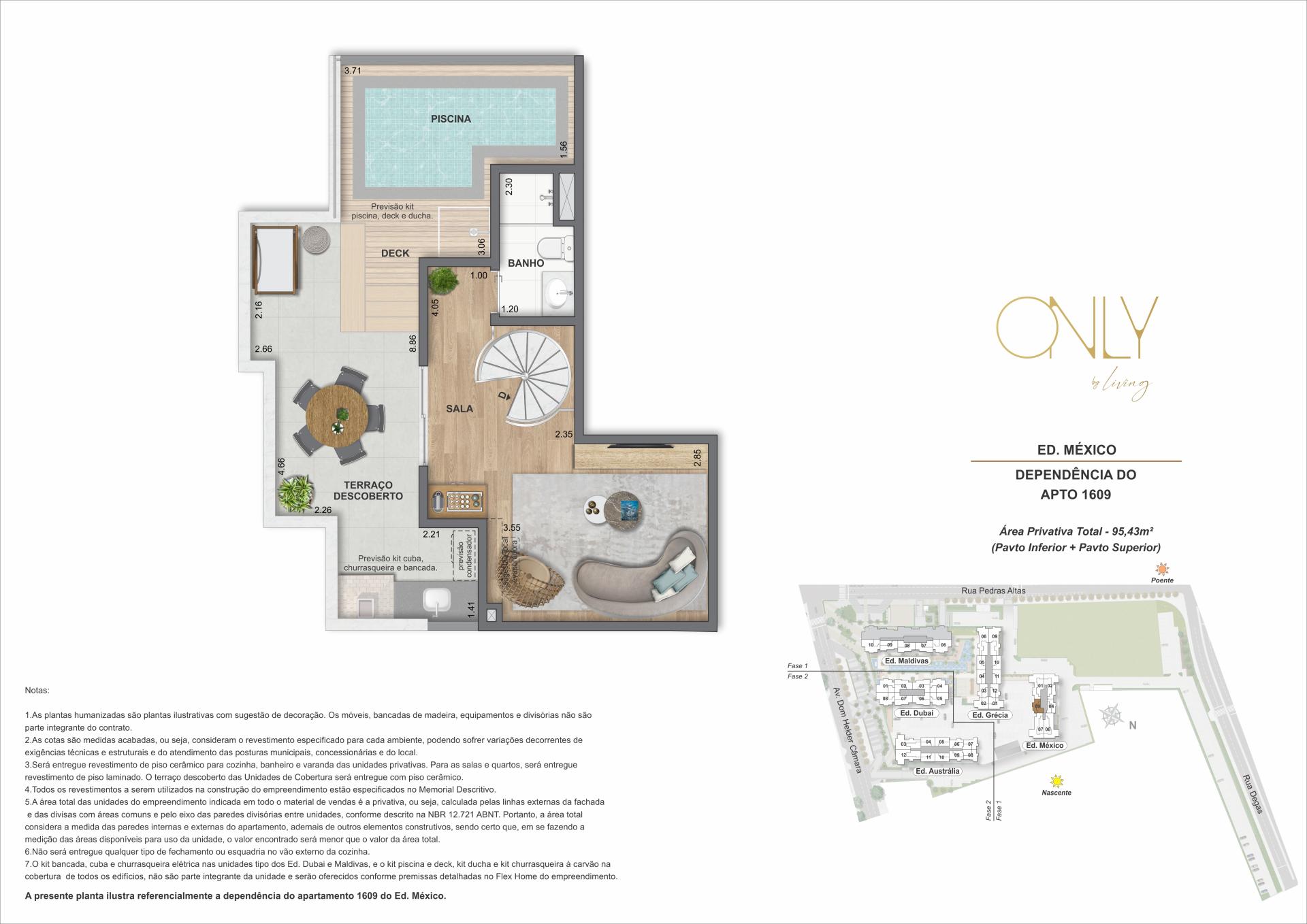 Cobertura Duplex 2 Quartos - Pav. Superior - Área privativa total: 95,43m²