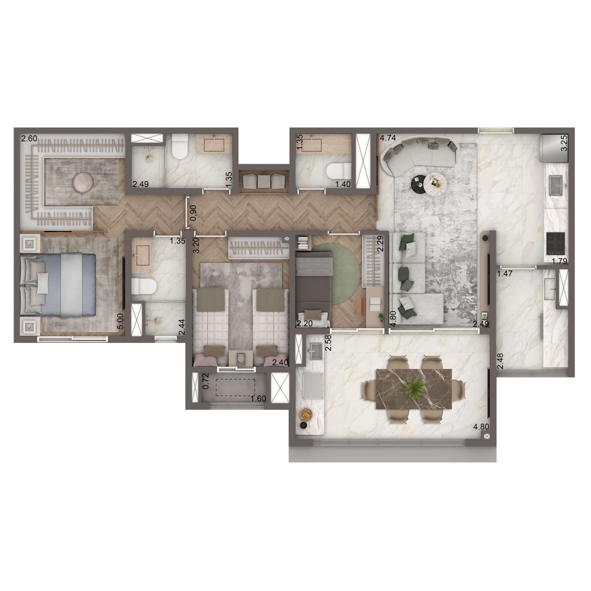 Planta Opção 88m² | 3 dorms. | 1 suíte