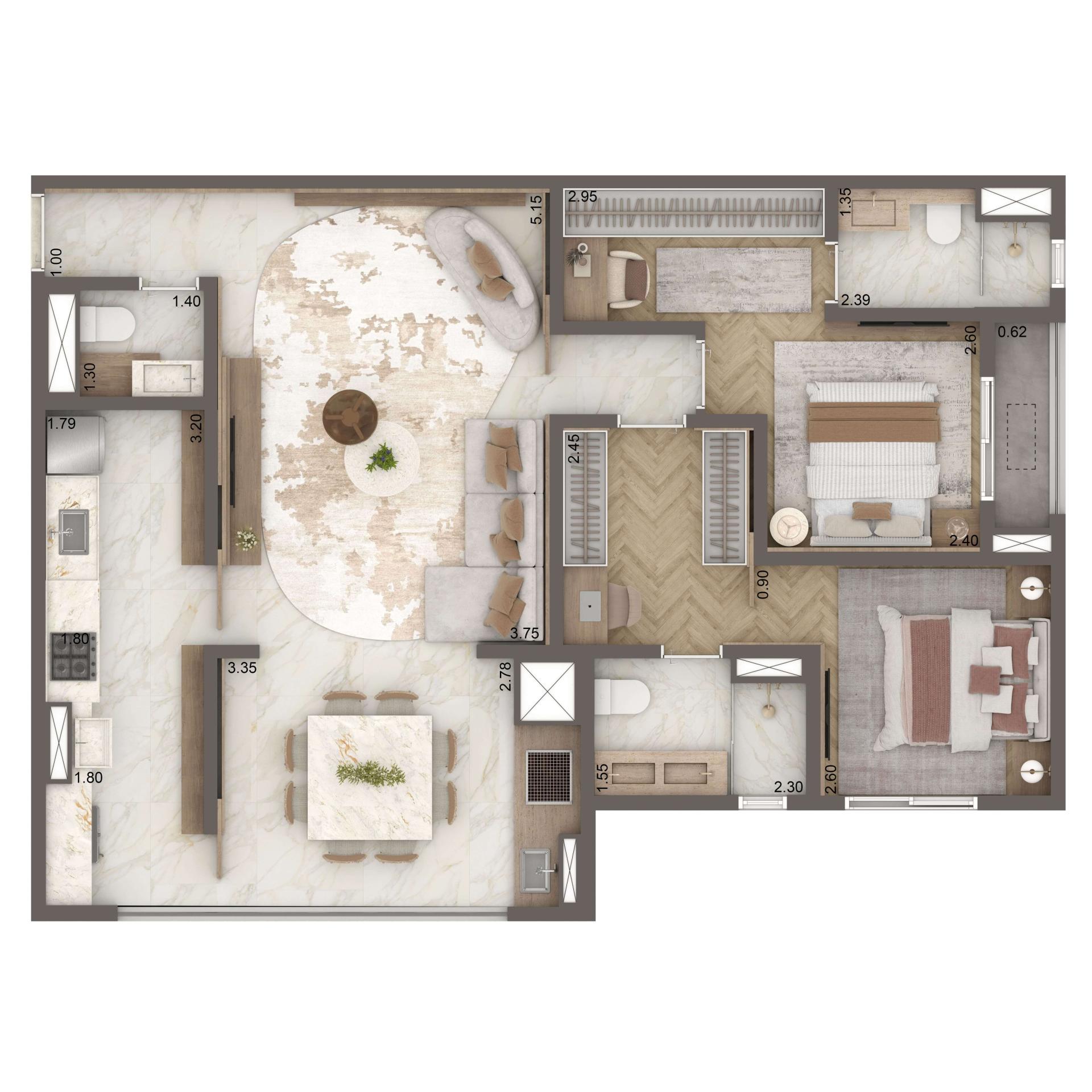 Planta Padrão 88m² | Finais 1 e 2 - Bloco B | 2 suítes | 1 vaga