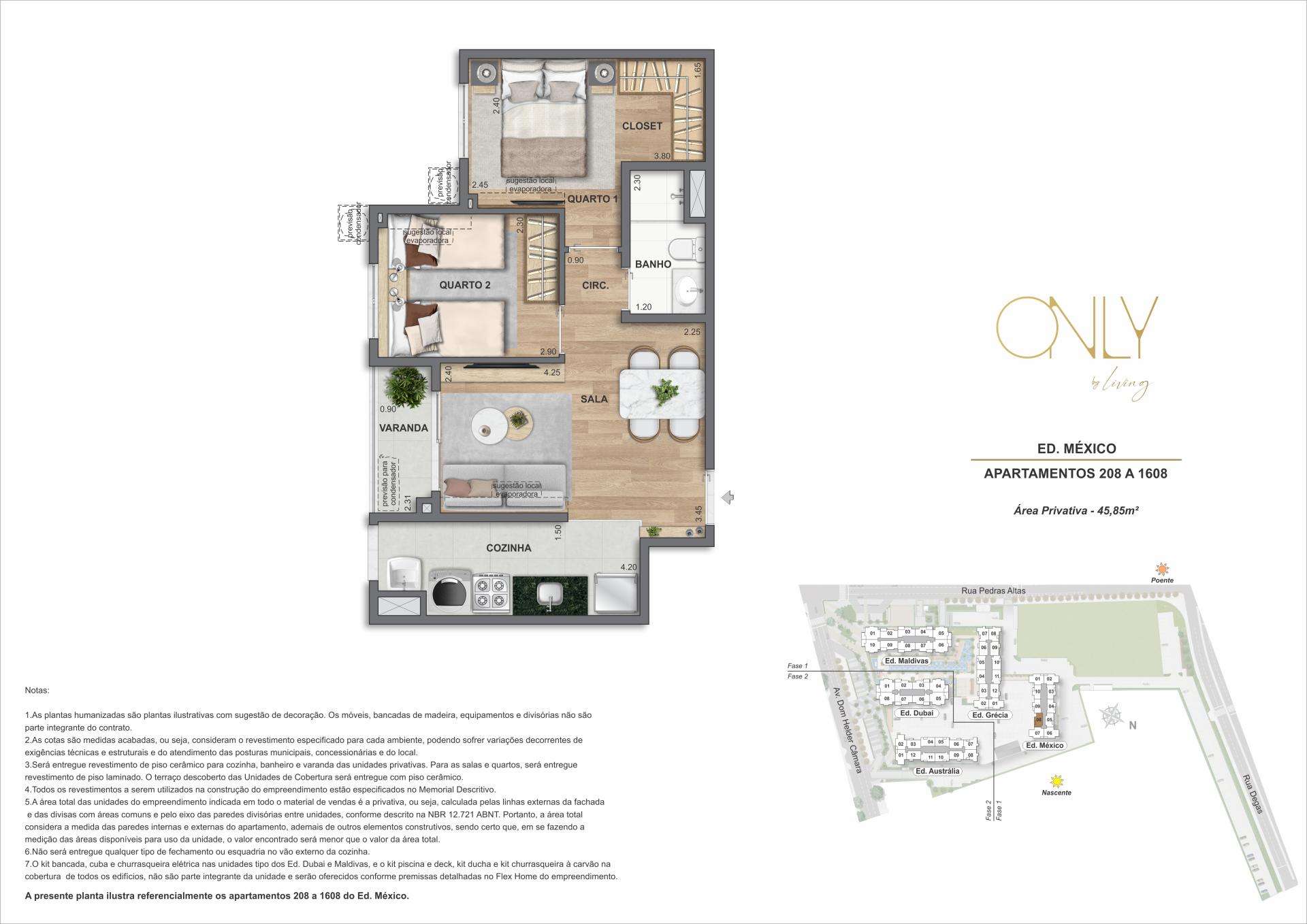 2 Quartos - Área privativa: 45,85m²