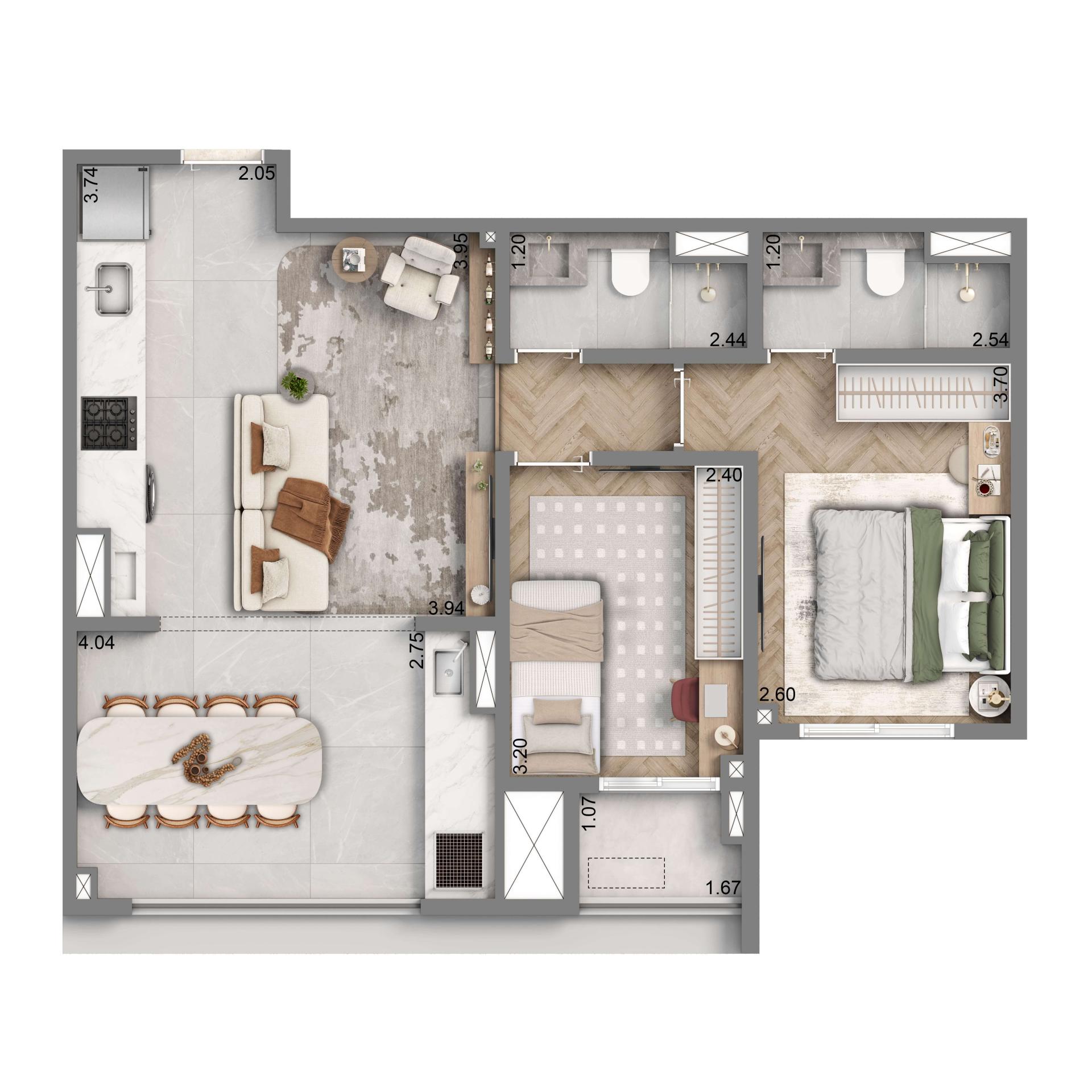Planta Padrão 65m² | 2 Dorms. | 1 Vaga