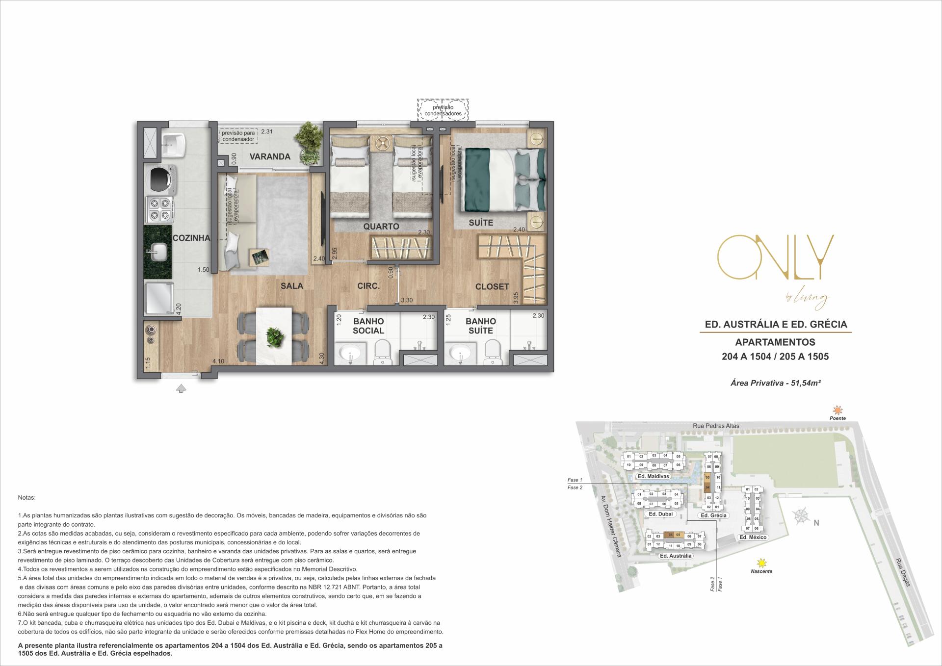 2 Quartos 1 Suíte - Área privativa: 51,54m²