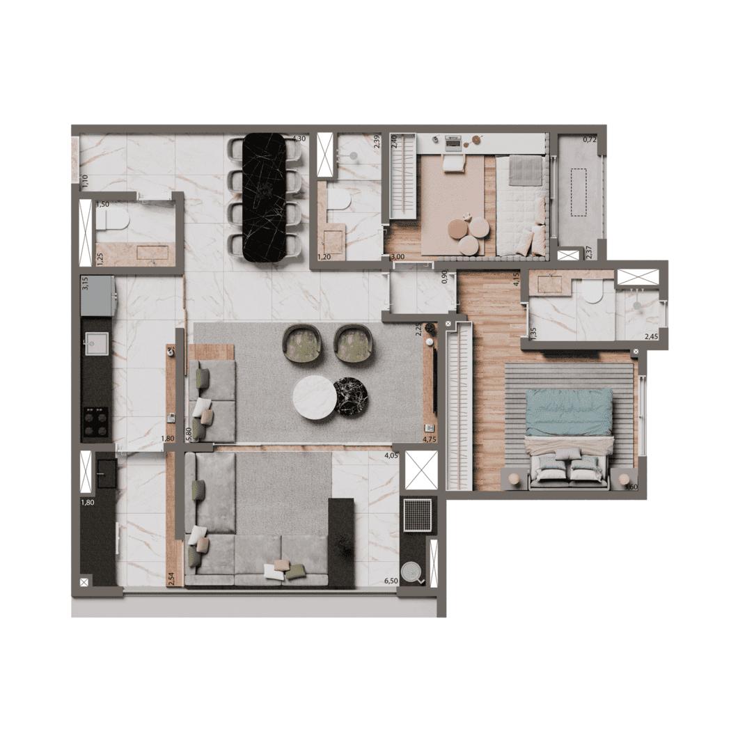 Planta Opção 84m²  | 2 Suítes