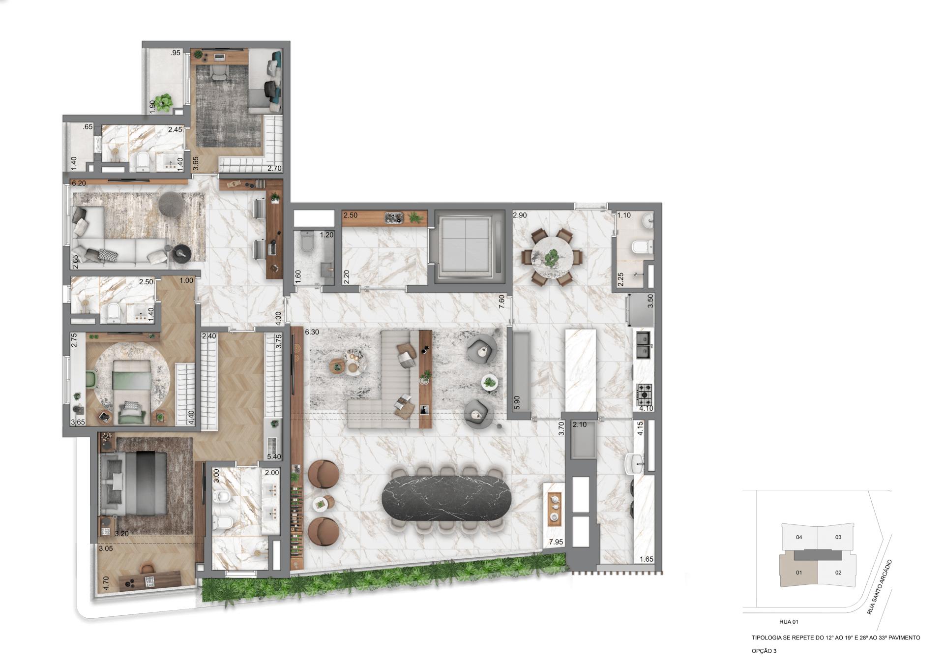 Planta Opção III - 208 m² | 3 Suítes