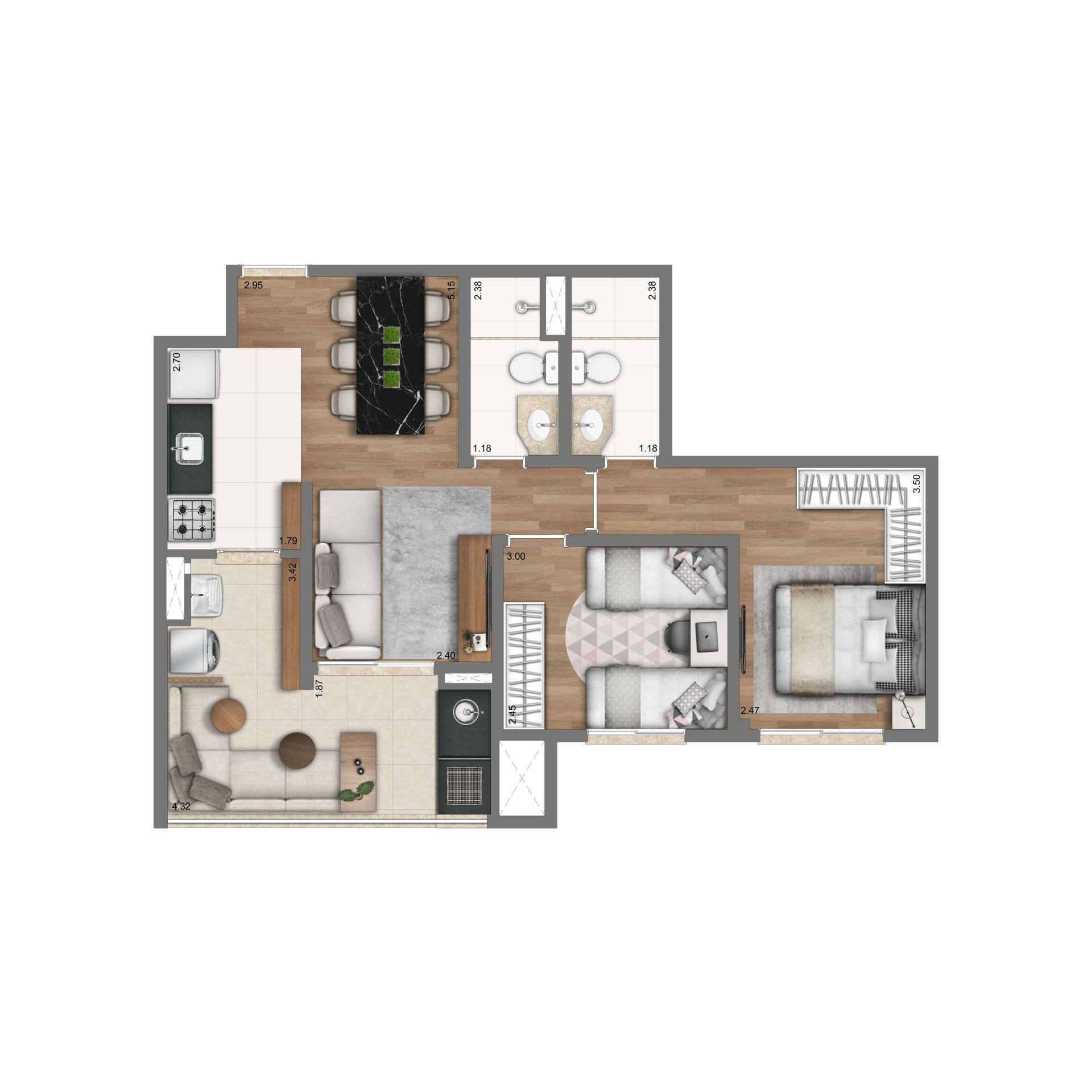 Planta Padrão 60m² | 2 dorms. | 1 suíte