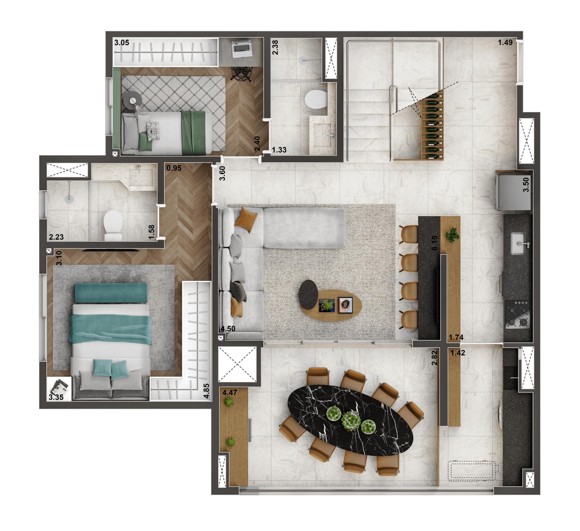Planta Duplex Inferior 163m² | 3 suítes