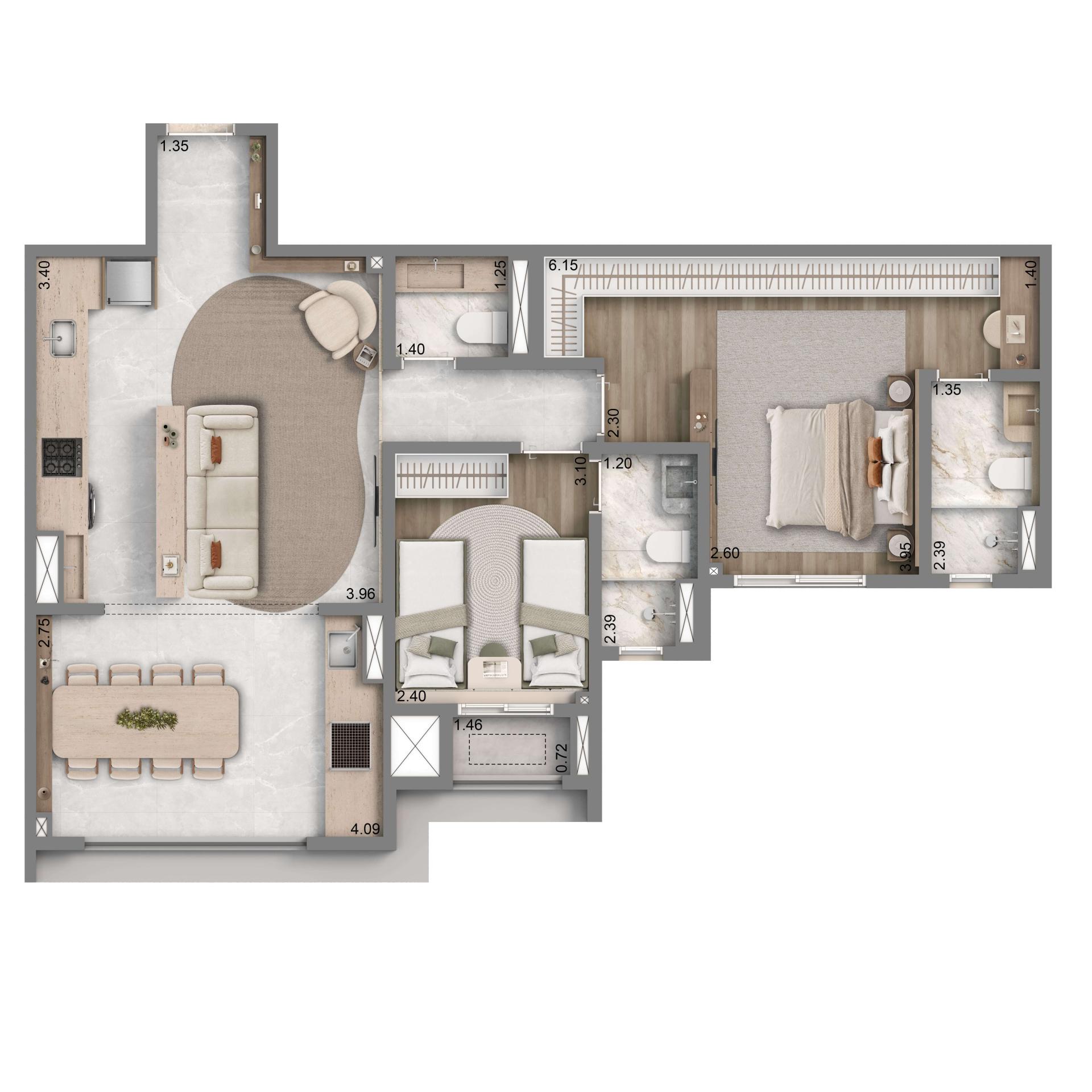 Planta Padrão 77m² | 2 Suítes | 1 Vaga