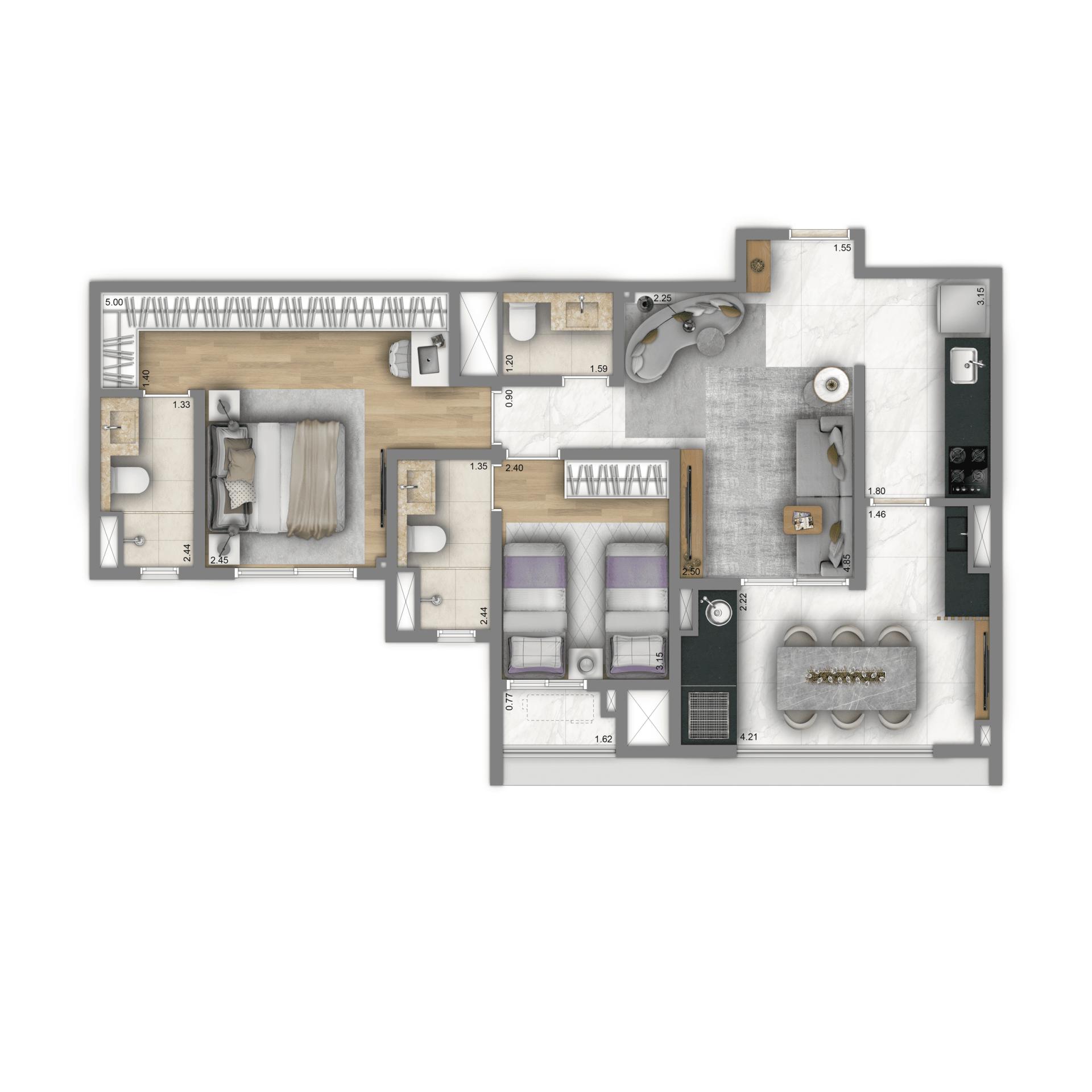 Planta Tipo 74m² | 2 suítes