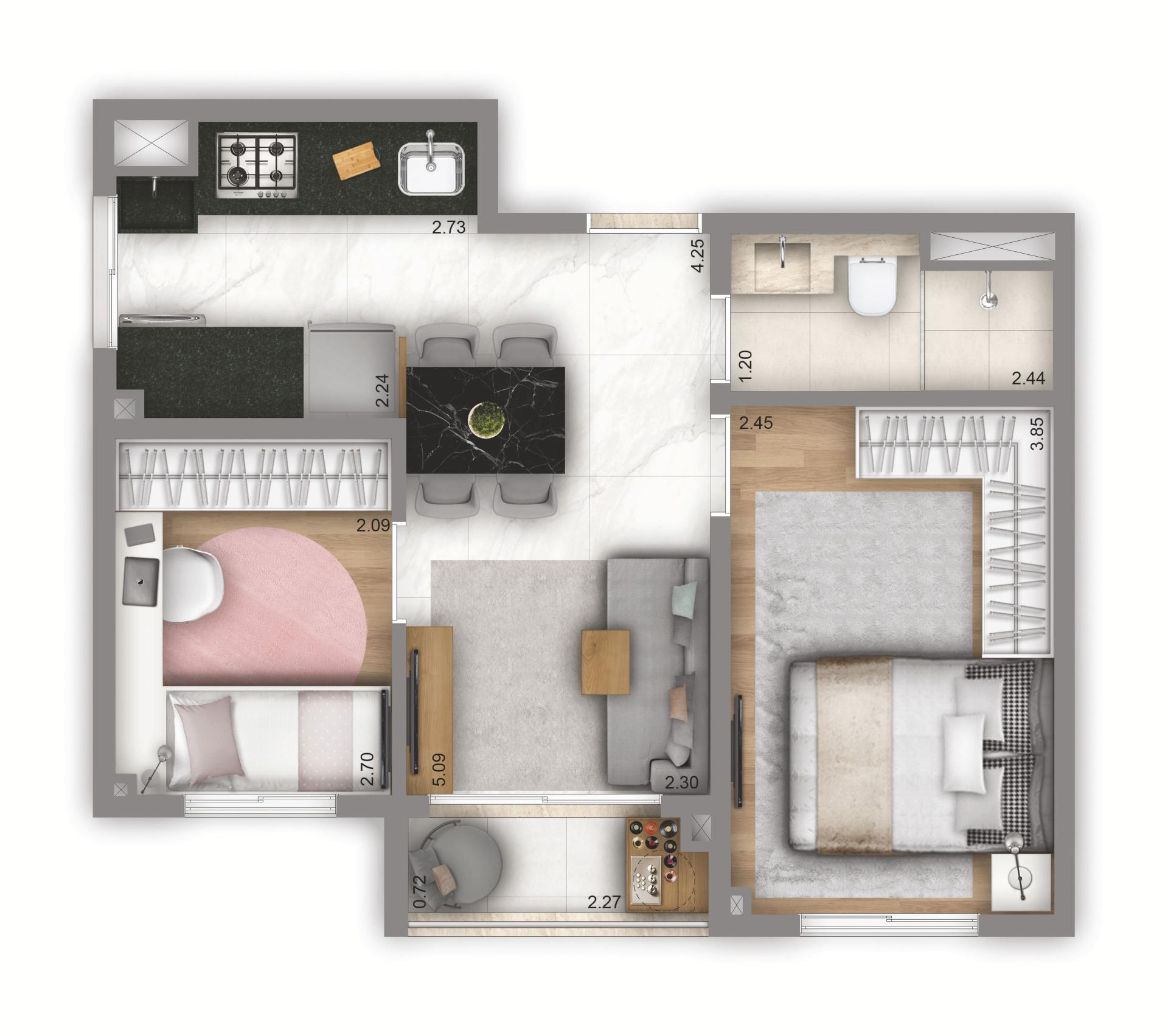 Planta Tipo 40m² | 2 dorms. | Residencial