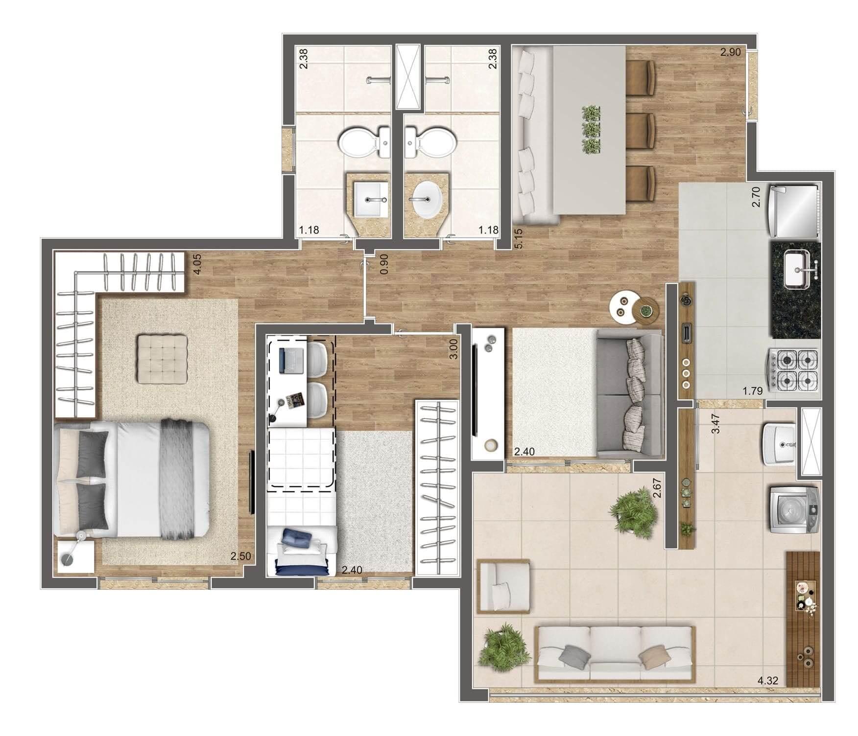 Planta Tipo 64 m² | 2 dorms. |1 suíte