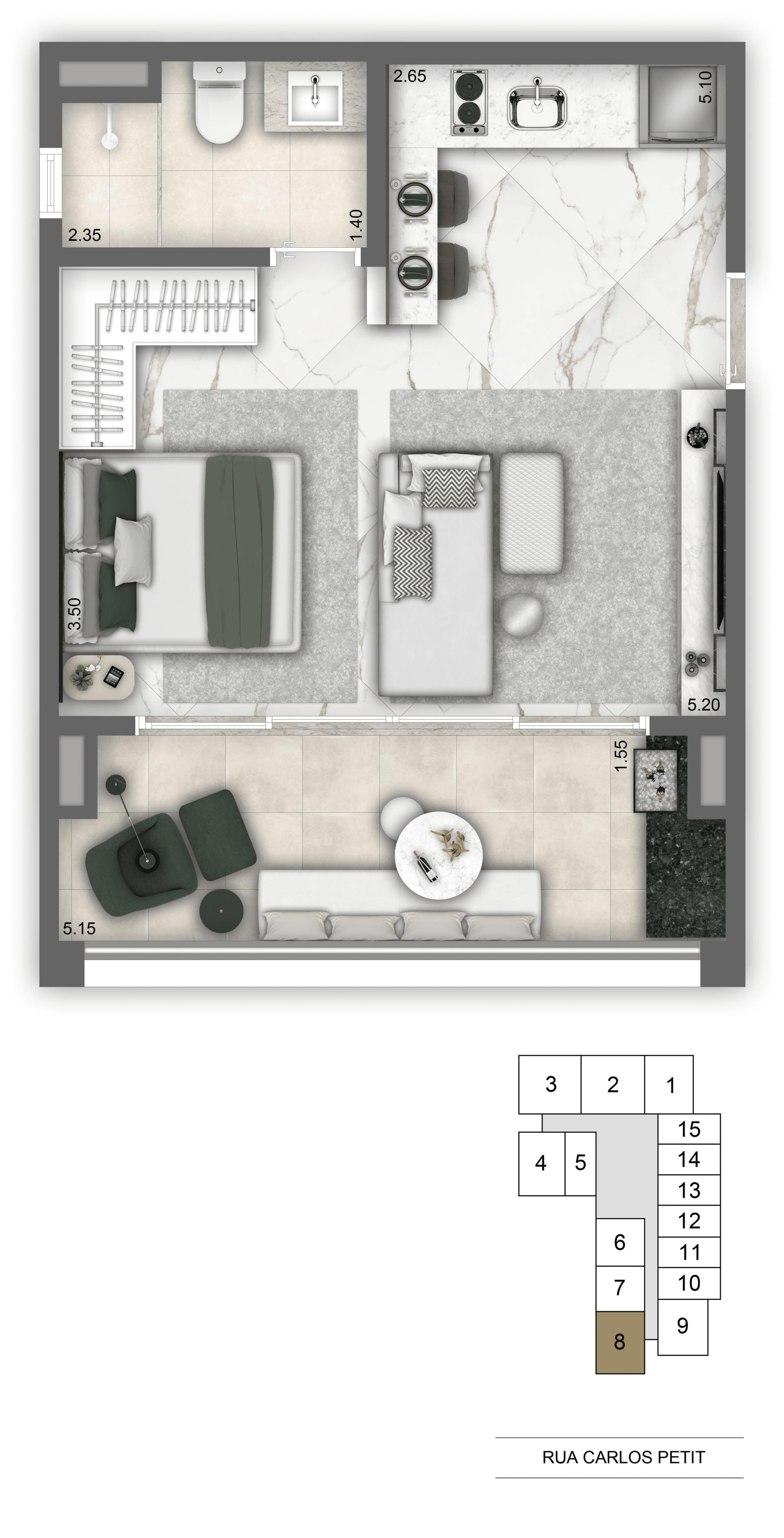 Planta-tipo 38 m² | 1 Dorm.