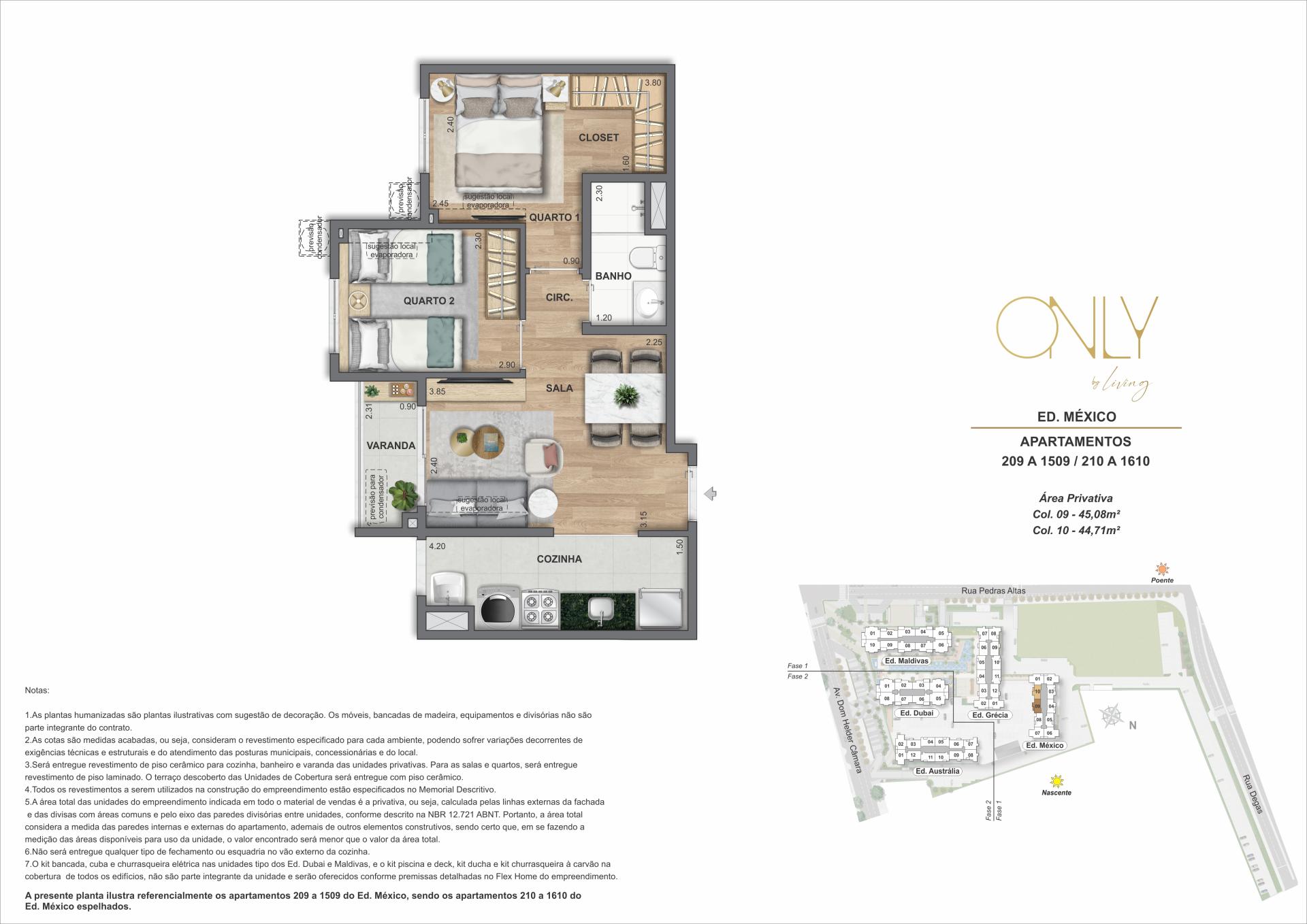2 Quartos - Área privativa: 44,71m² até 45,08m²