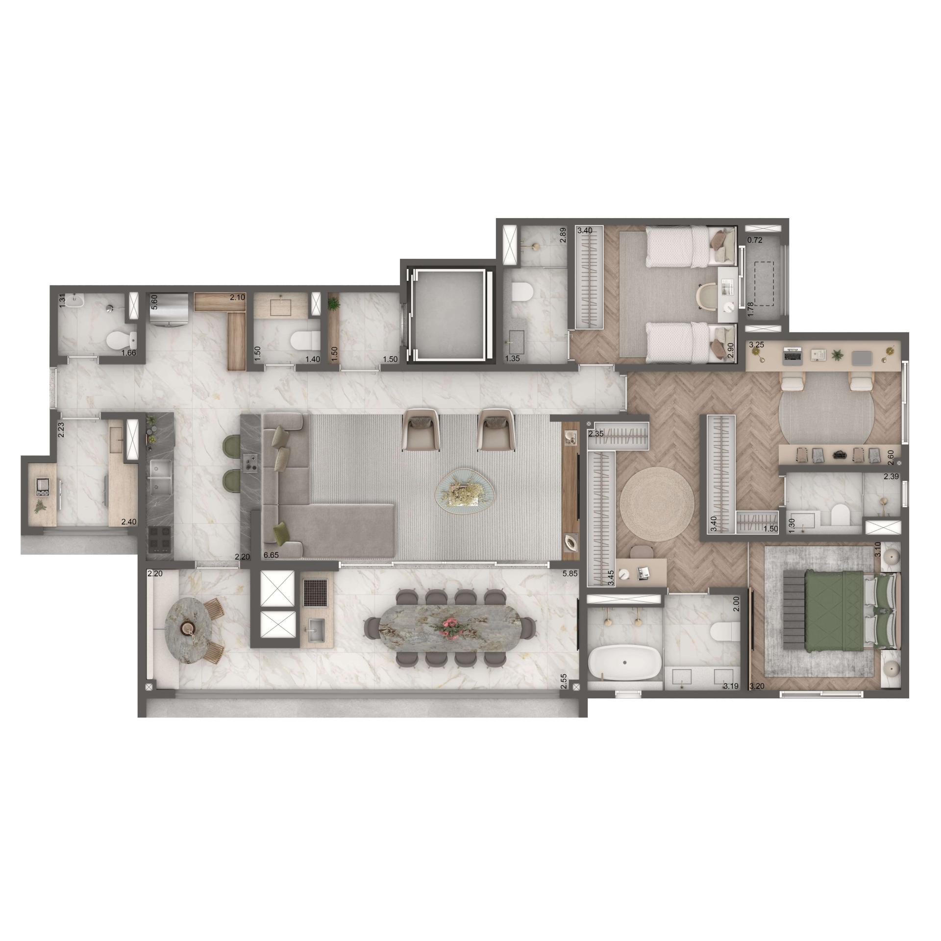 Planta Opção 149m² | 3 suítes | Cozinha Integrada e WC de Serviço