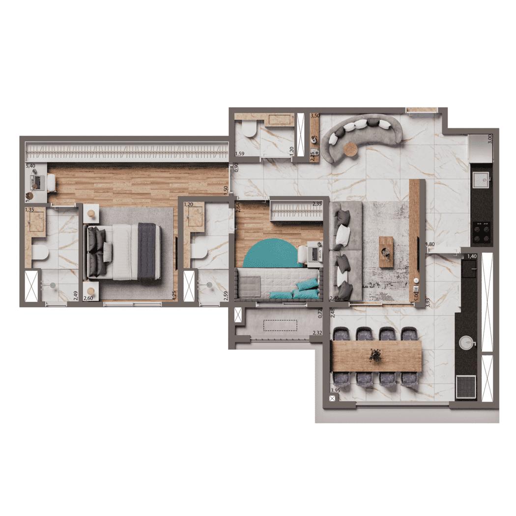 Planta Padrão 74m²  | 2 Suítes
