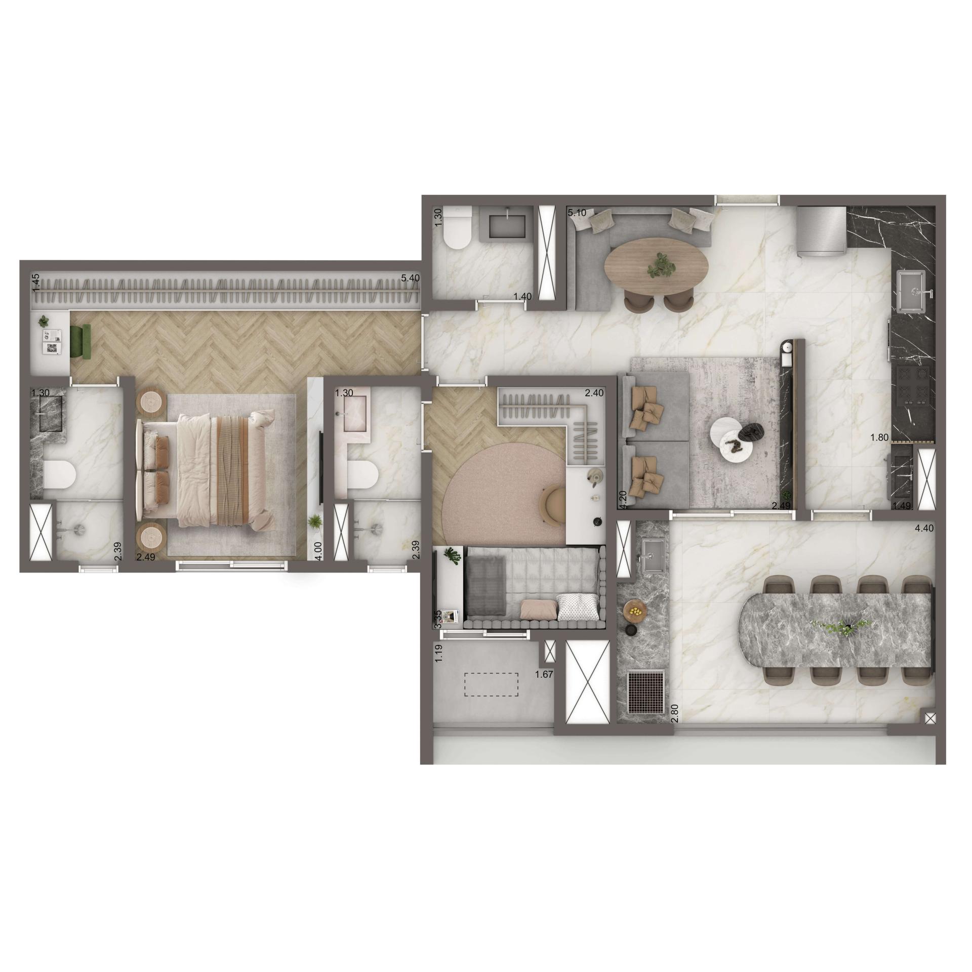 Planta Padrão 75m² | 2 suítes | 1 vaga