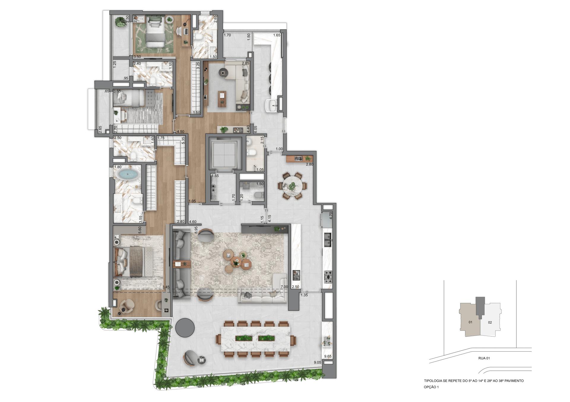 Planta Opção I - 263 m² | 3 Suítes