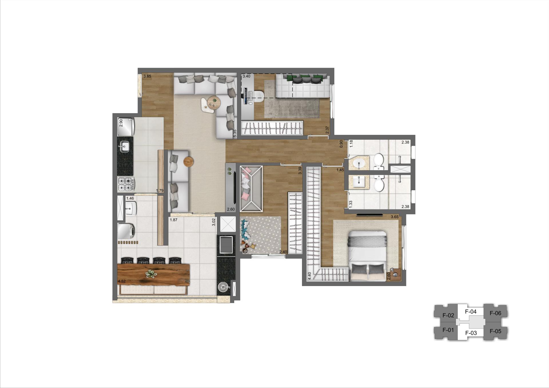 Planta Padrão 83 m² | 3 dorms | 1 suíte