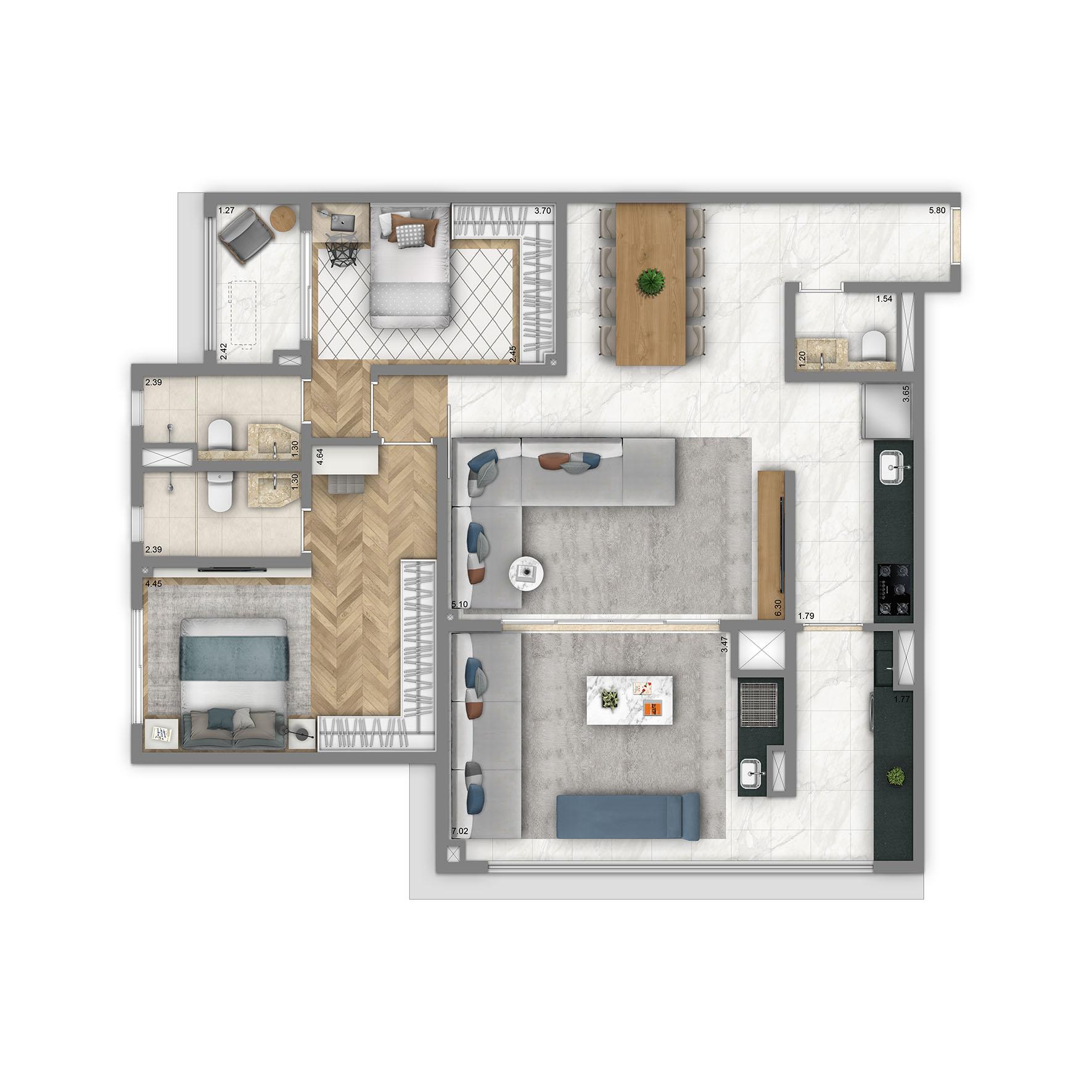 Planta Opção 110 m² | 2 suítes