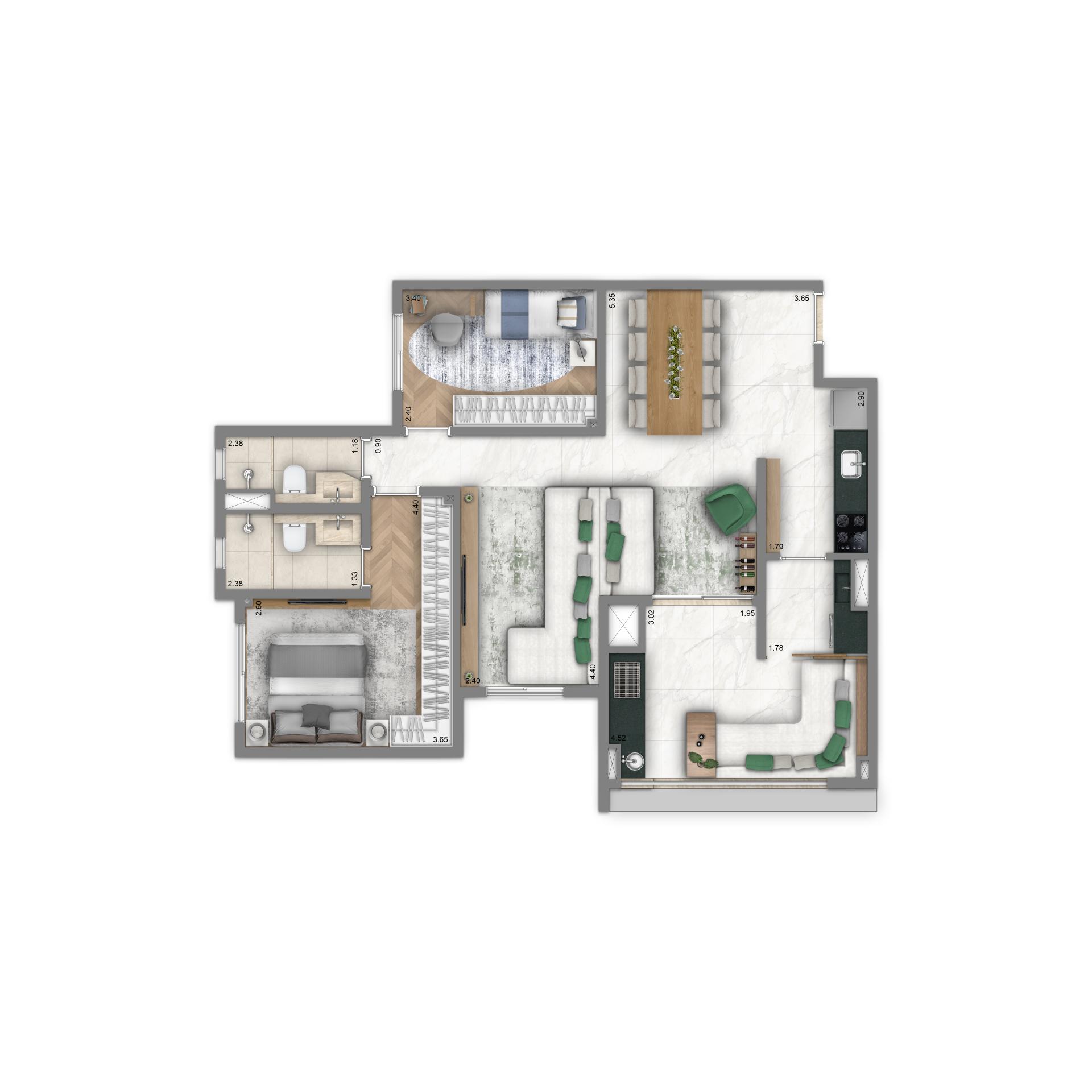 Planta Tipo 83 m² | 2 dorms. | 1 suíte