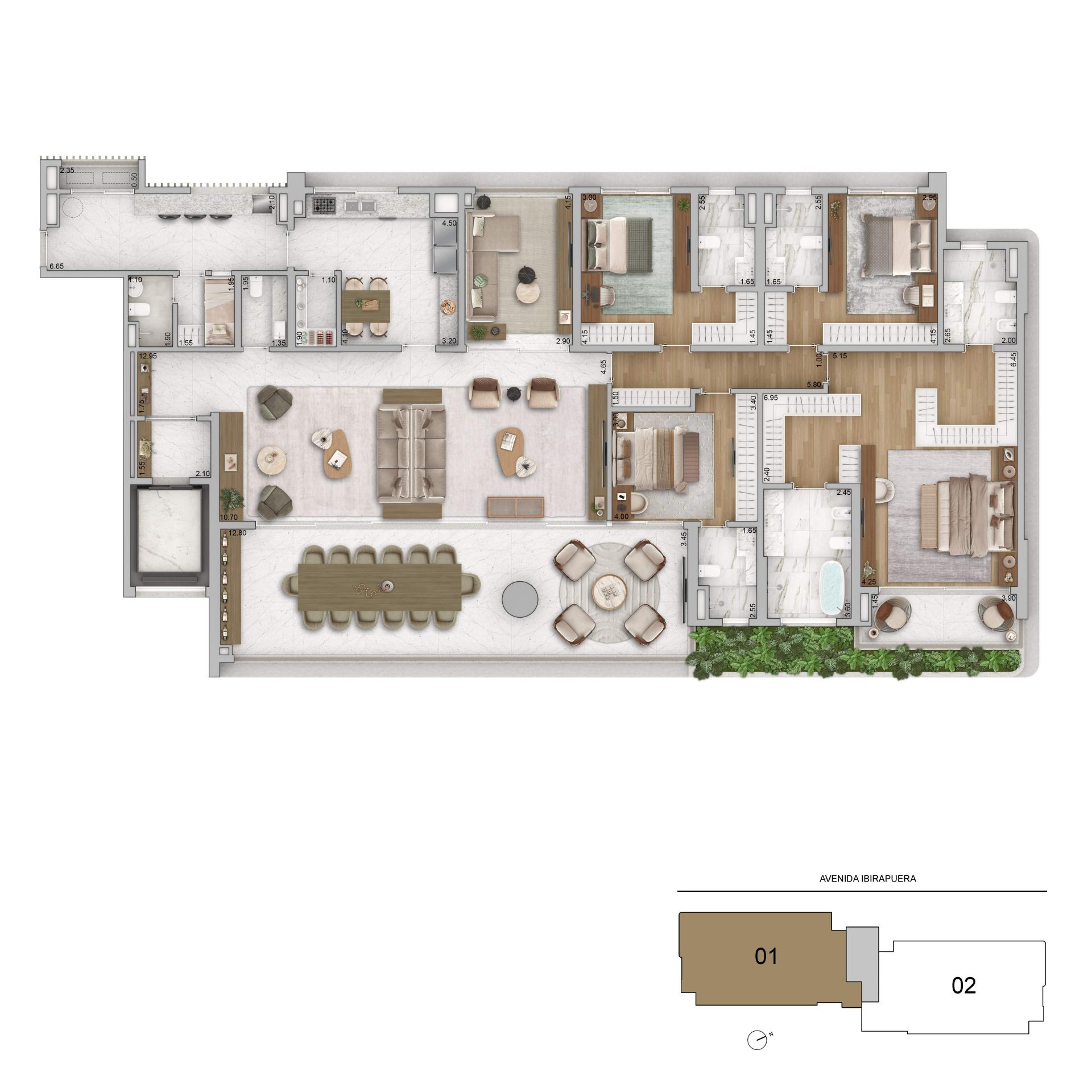 Planta Padrão 320m² | 4 Suítes + Sala Íntima