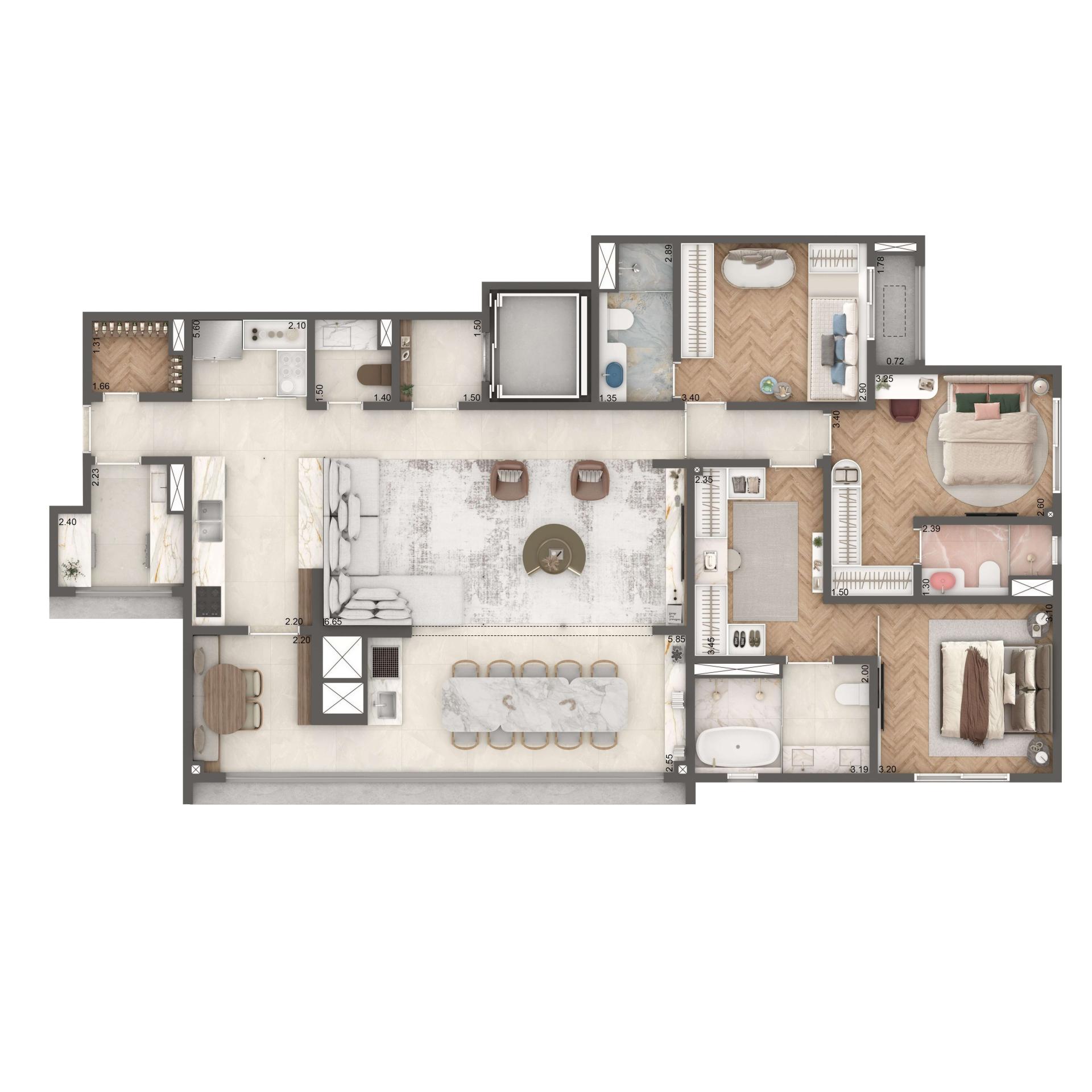 Planta Opção 149m² | 3 suítes | Cozinha Integrada e Despensa