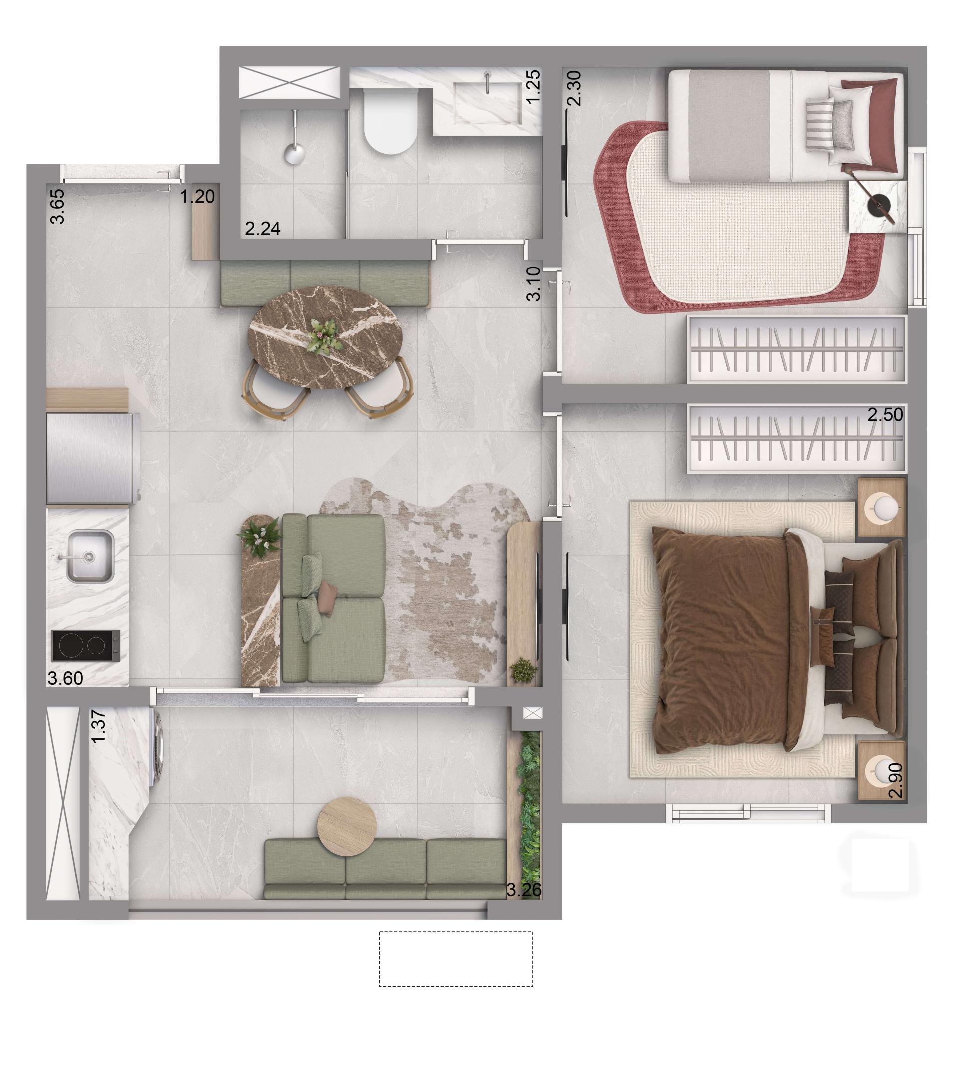 Planta Padrão 37m² | 2 Dorms. | Com Terraço