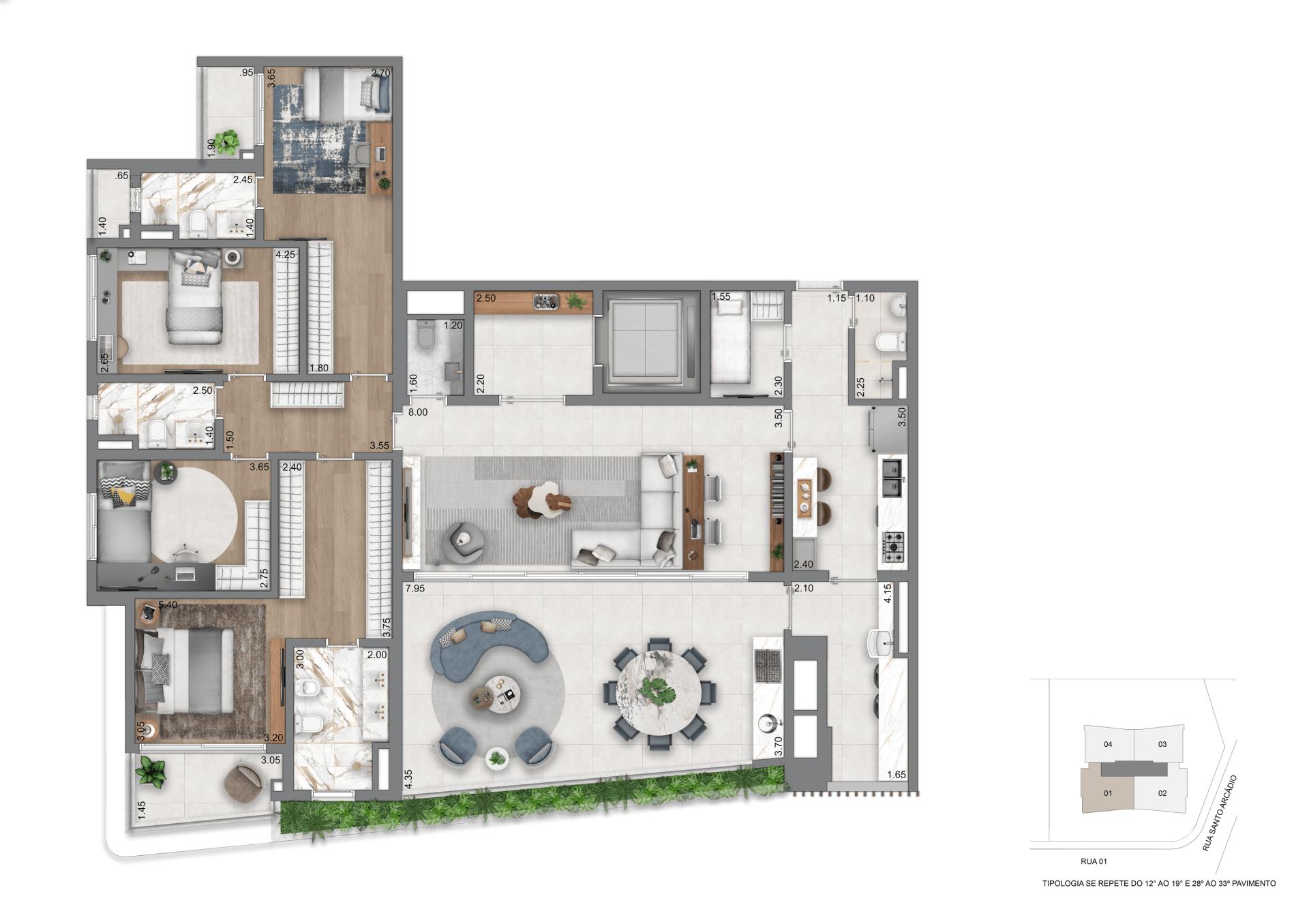 Planta Padrão - 208 m² | 4 Dorms (2 Suítes)