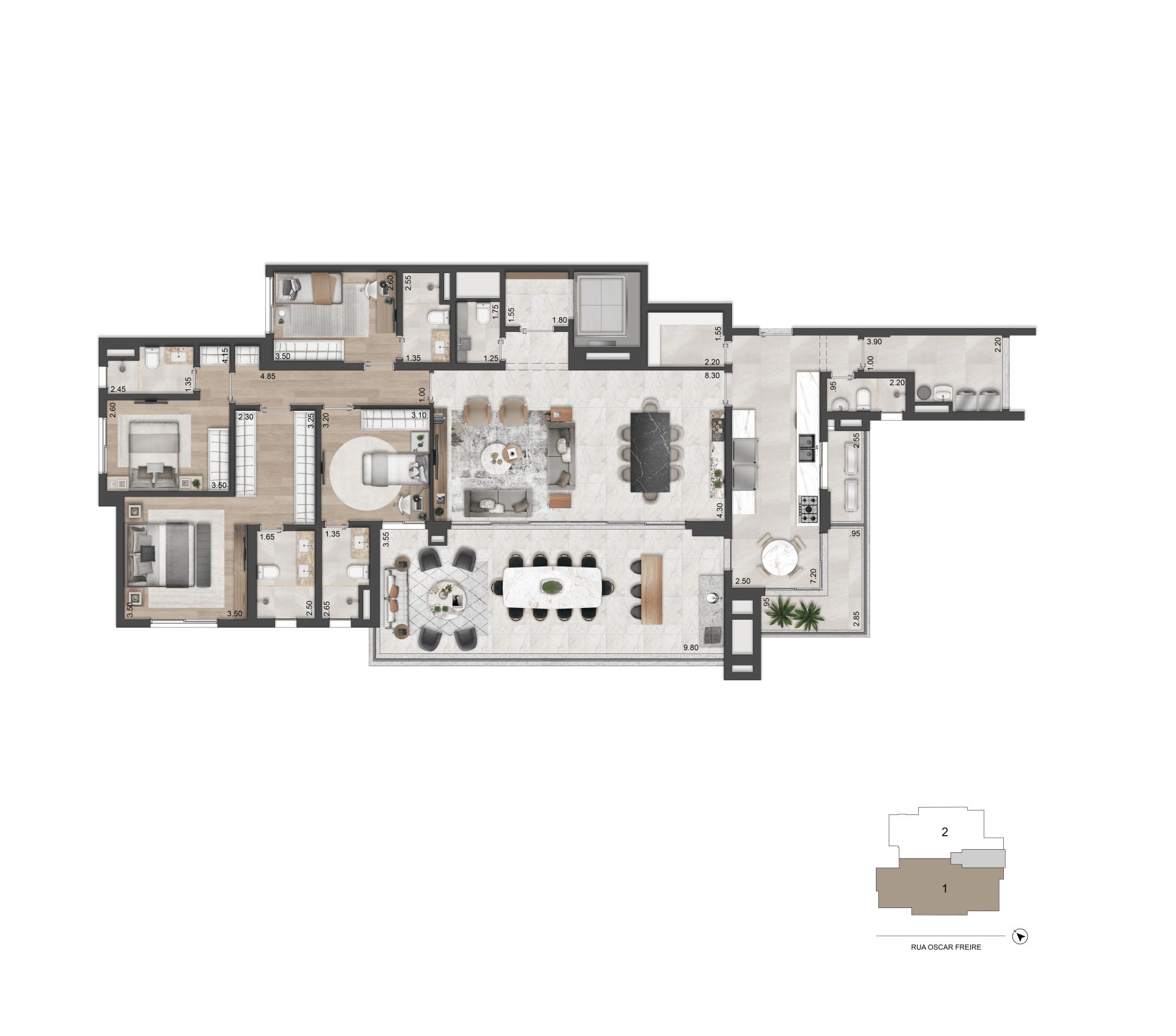 Planta-tipo 217 m² I 04 Suítes 