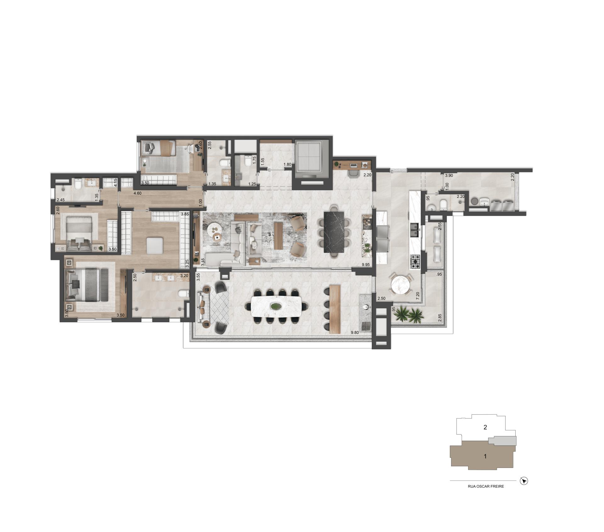  Planta opção 217 m² I 03 Suítes com estar e banho master ampliado
