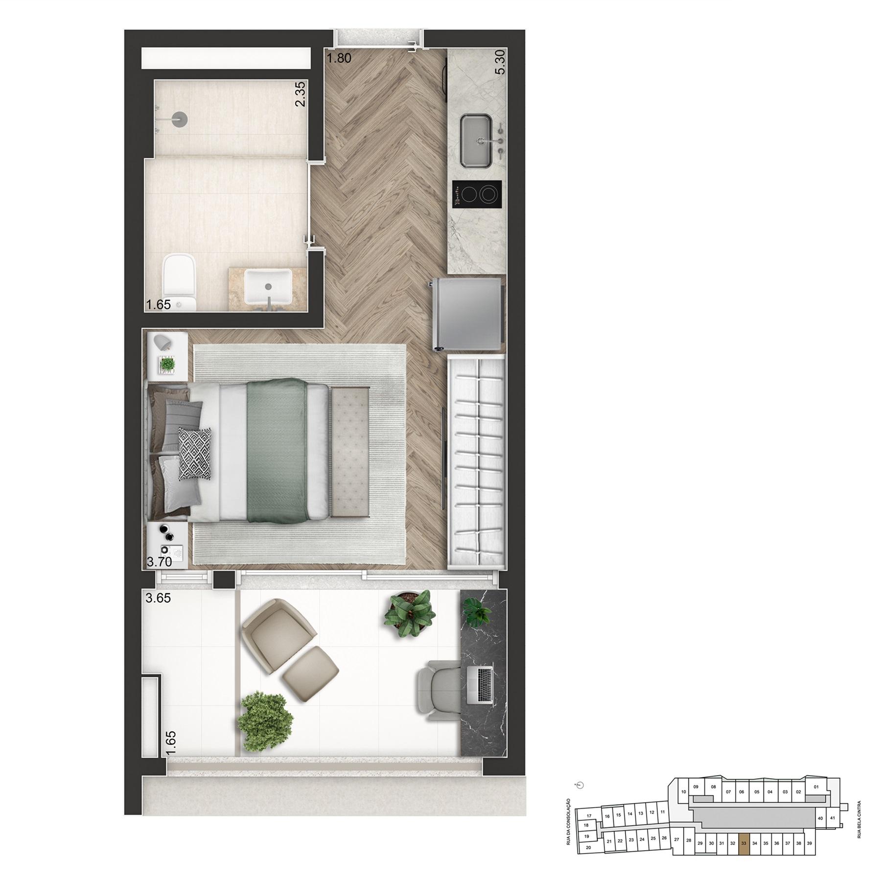 Planta Studio 29,5m²