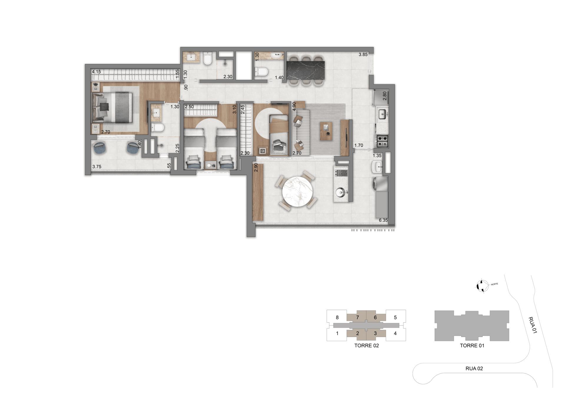 Planta-tipo 94m² | 3 Dorms. (1 suíte)