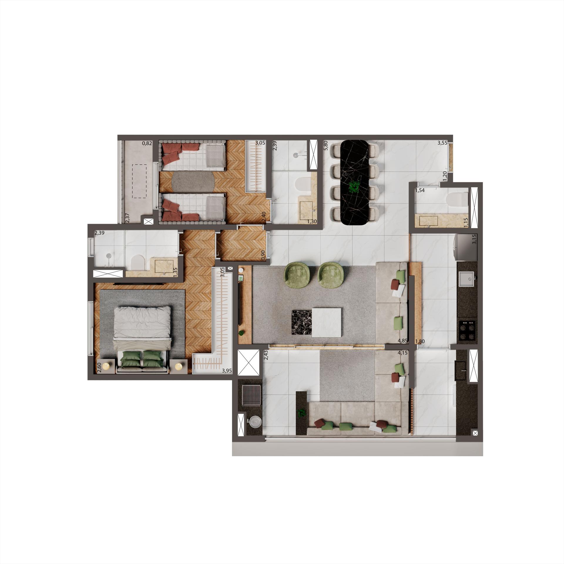 Planta Tipo Opção 84M² | 2 suítes