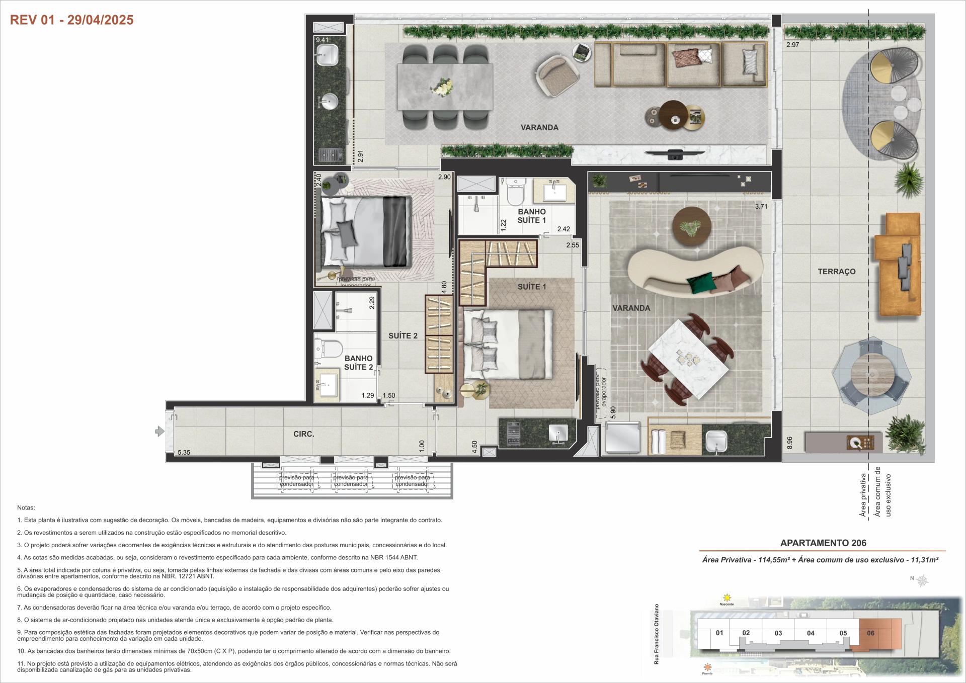 Ap 206 - árrea privayiva - 114,55m³ + área comum de uso exclusivo - 11,31m²