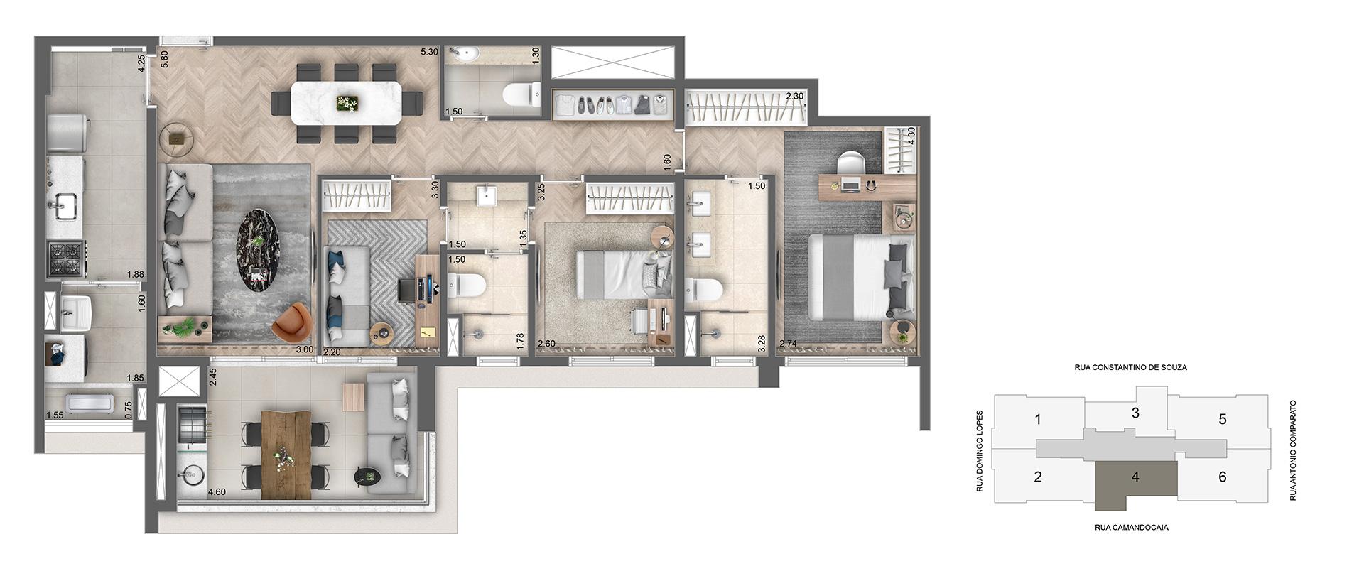 Planta-Tipo 112m² | 2 dorms (1 suíte)