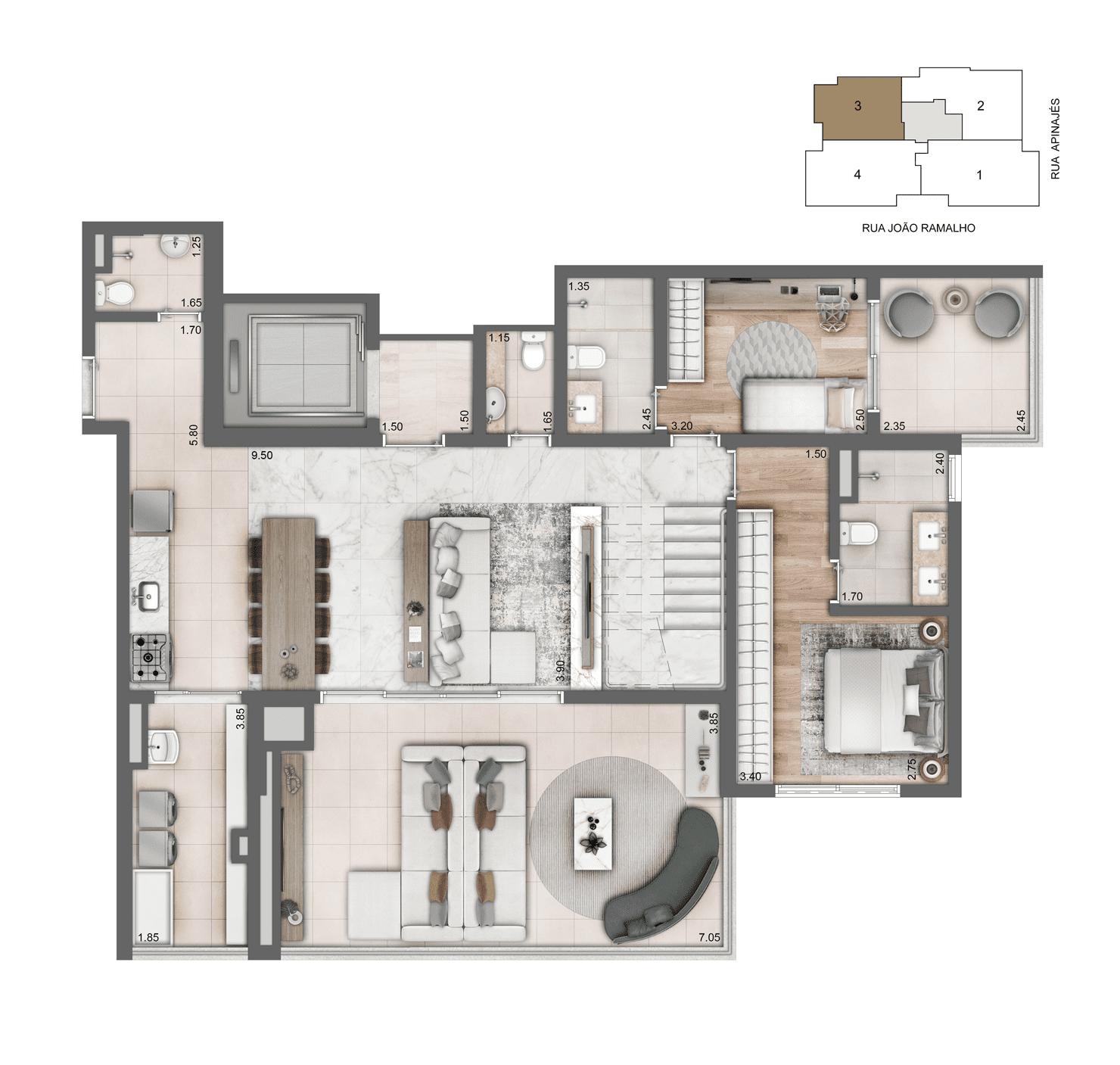 Planta Duplex 265,50 m² I 03 Suítes I Pavimento Inferior