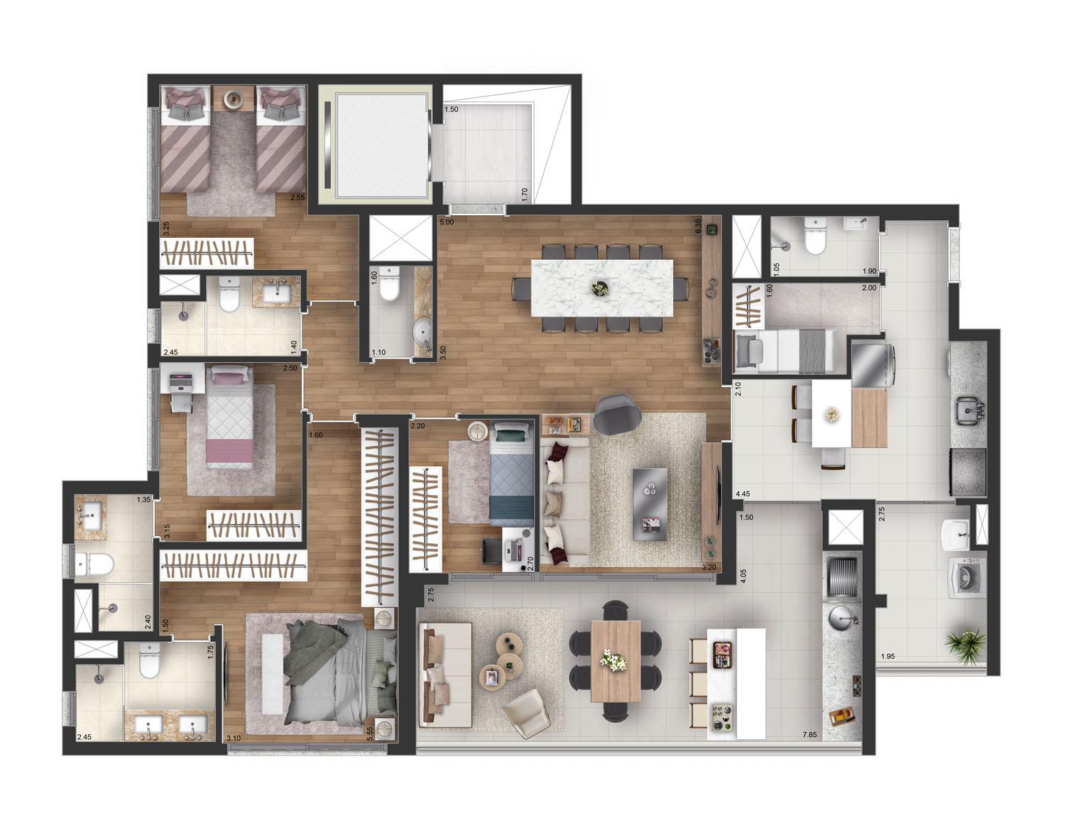 Planta-tipo 154 m² | 4 Dorms. (2 suítes)
