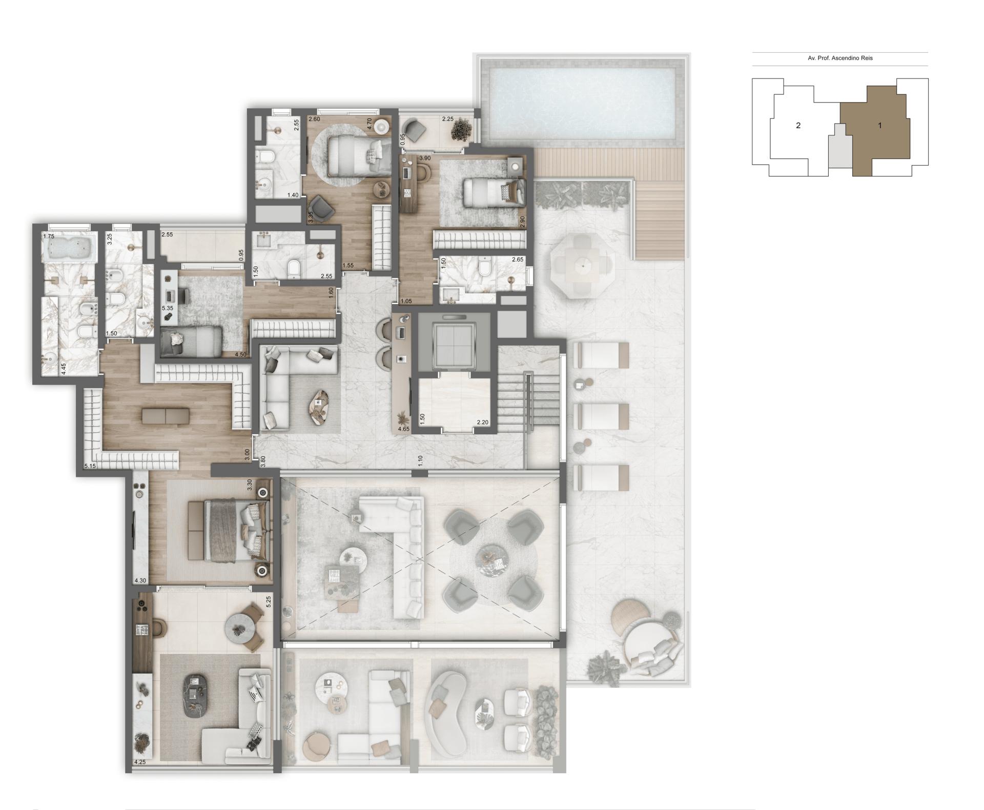 Planta Duplex Superior 483 m² | 4 suítes
