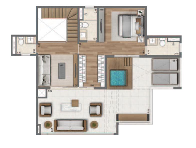 Planta Duplex Superior 201 m² | 4 Suítes