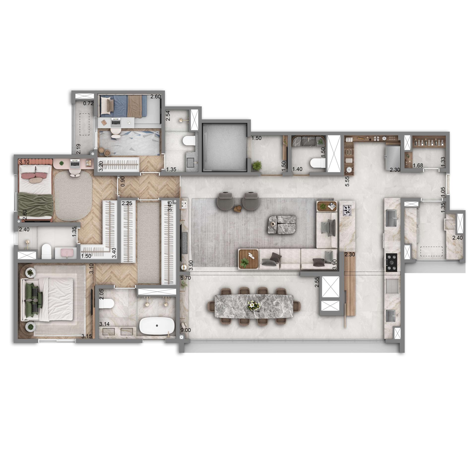 Planta Padrão 147m² | 3 suítes | Cozinha Integrada | 2 vagas