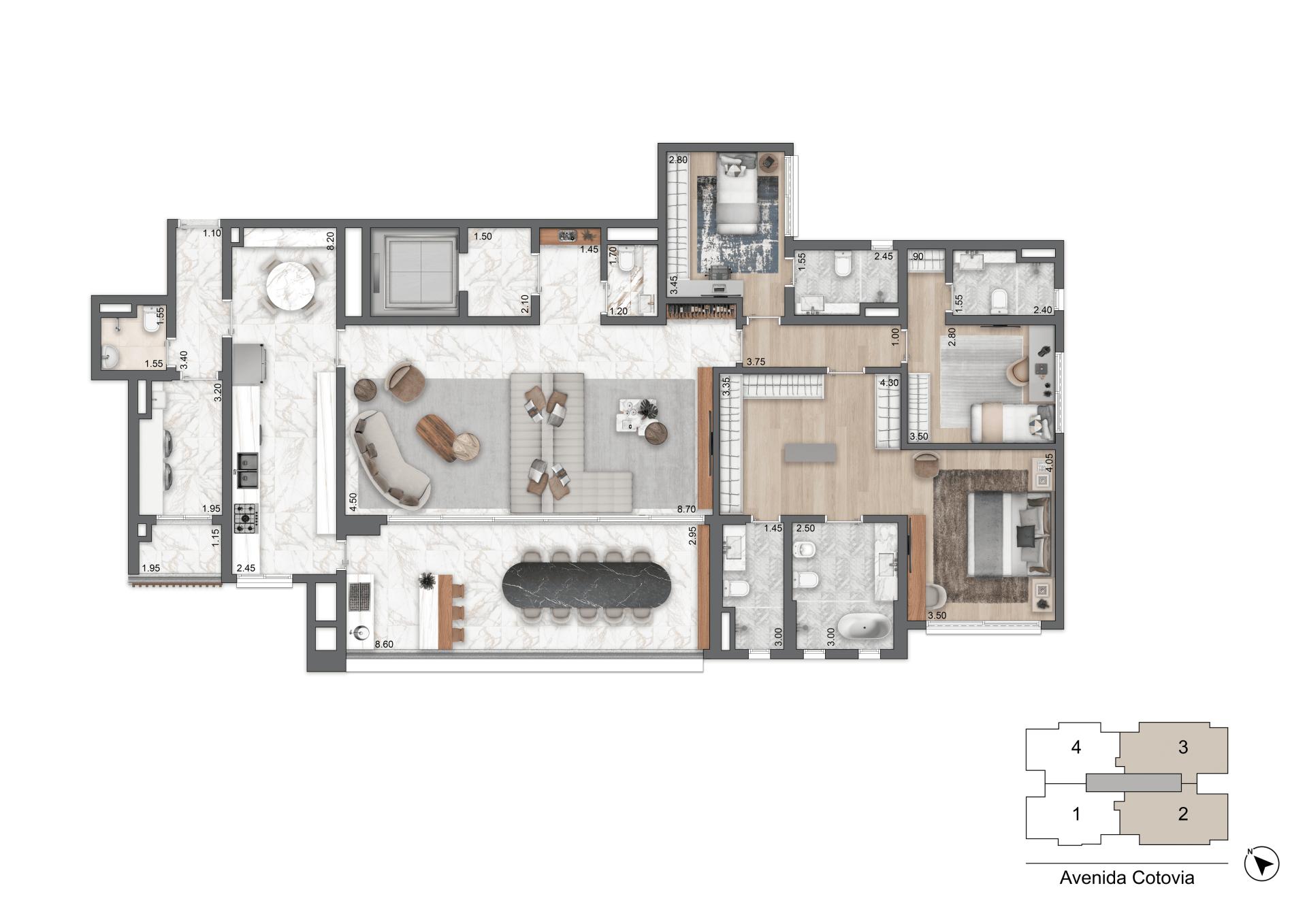 Planta opção 210 m² | 3 dorms (3 suítes) | Torre 2