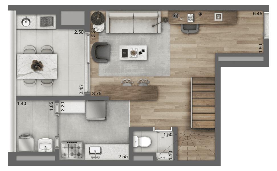 Planta Duplex  91 m²  Pavimento Inferior |  2 dorms (2 suítes)