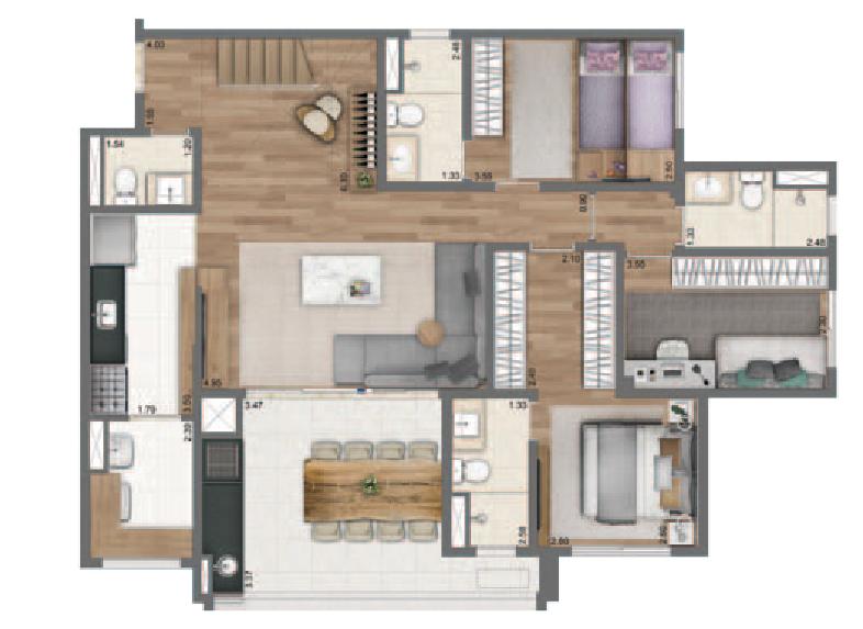 Planta Duplex Inferior 201 m² | 4 Suítes