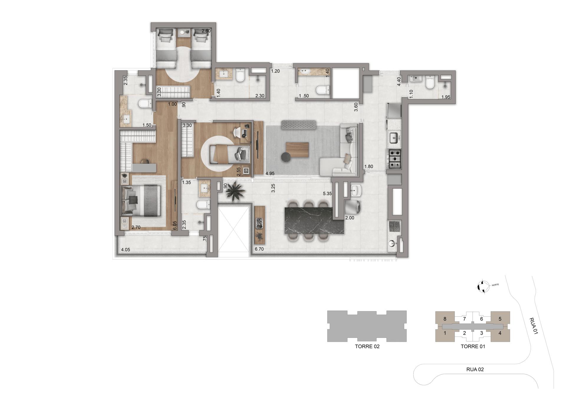 Planta-tipo 123 m² | 3 suítes